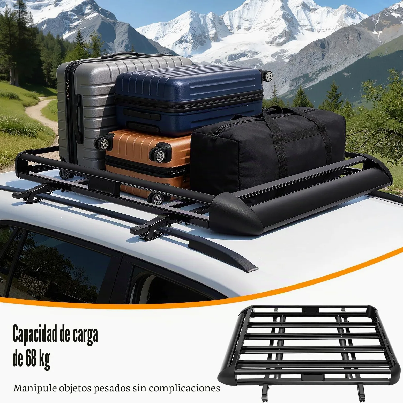 Barra de techo universal para coche, reling de carga de acero de 127 cm, barra de techo con capacidad de carga de 68 kg, estante para equipaje negro para camping, barbacoas, viajes en coche