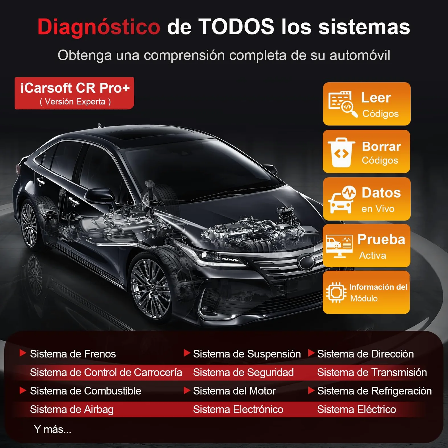 iCarsoft CR Pro+ OBD2 Máquina Diagnosis Coche Multimarca Español, Escáner de Todo el Sistema, 49 Funciones Reinicio, Bidireccional Detector Fallos Coche, Prueba de Batería, Vin Automático