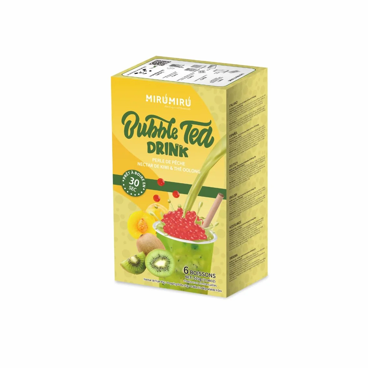 Kit de Bubble Tea MiruMiru Perla de Melocotón y Néctar de Kiwi con Té Oolong para 6 Bebidas