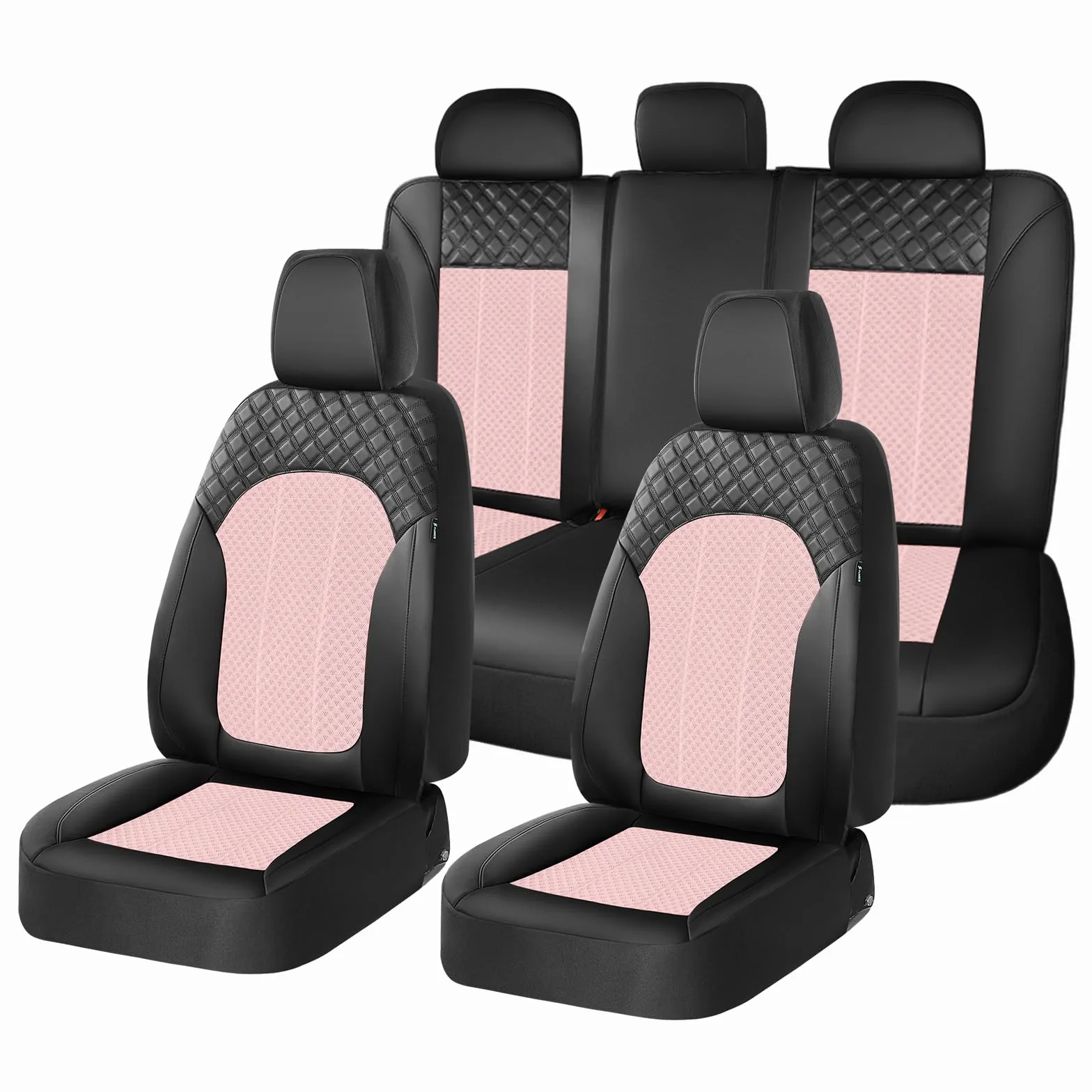 FLORICH Juego Completo Asientos de Coche, Fundas de Cuero Sintético con Malla Transpirable, Fundas Universales aptas para la Mayoría de Turismos, SUV y Camiones (Juego Completo, Negro&Rosa)