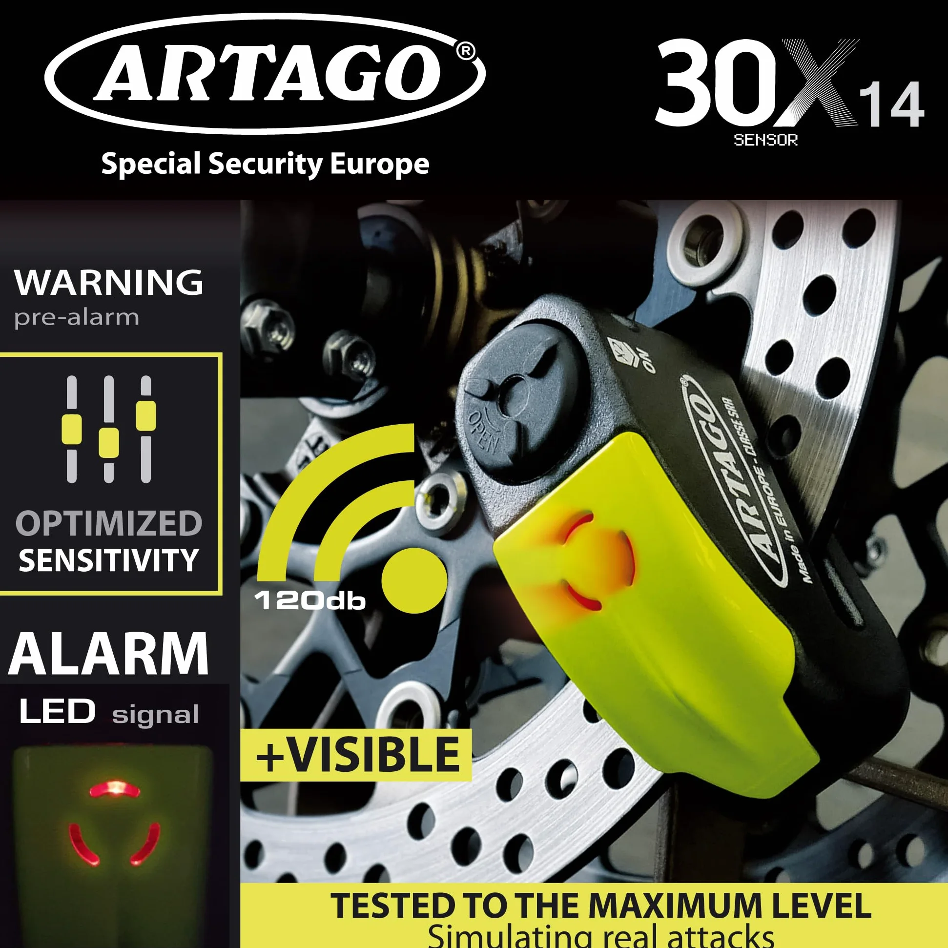 Artago 30X7 Pack Candado Antirrobo Disco con Alarma 120db Alta Seguridad + Soporte para Honda CB650F y CBR650F, Homologado SRA y Sold Secure Gold