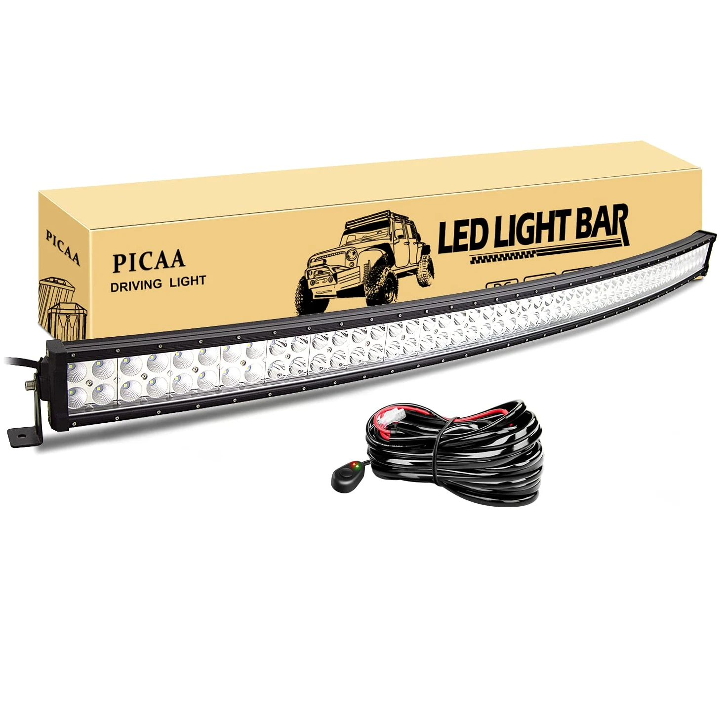 PICAA Barra de luz LED, Curva 52 Pulgadas 130CM 300W Spot/Flood Combo IP67 | con mazo de cables 12V,6000K,Barra de luces LED auxiliar, para coche SUV 4x4 todoterreno camión tractor ATV UTV Moto Barco