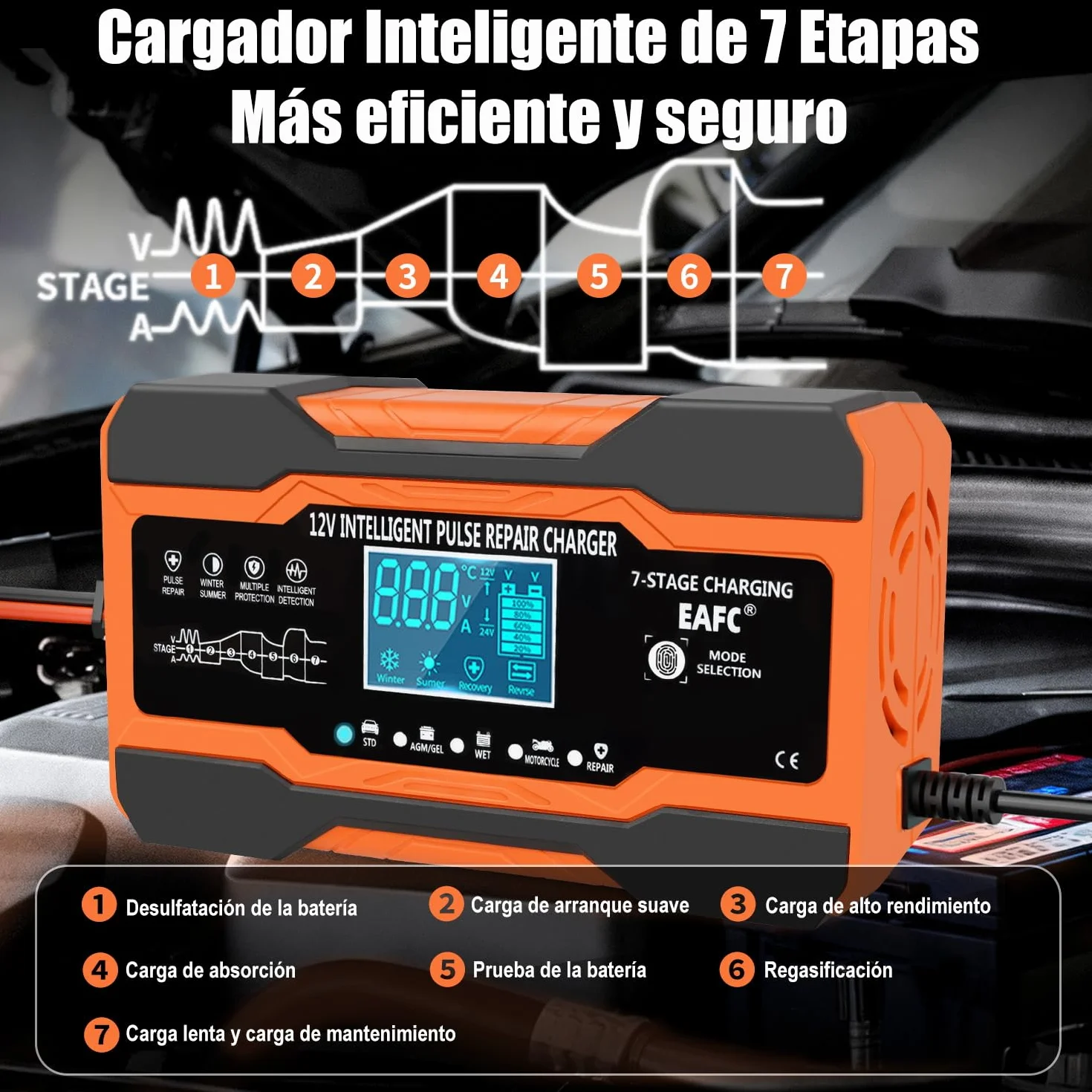 12A Cargador Baterias Coche Inteligente 12V, Mantenedor Bateria Moto para Baterías de Plomo-ácido, STD, AGM, Gel, SLA, Cable de 2m, Control Táctil, Compensación de Temperatura