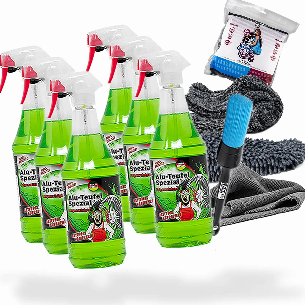 detailmate Juego de Limpieza de Llantas: 6X Tuga Chemie ALU-Teufel 1L Limpiador de Llantas + Juego Nuke Guys Shiny Wheels con paño y manopla Lavado + Cepillo para Llantas ValetPRO + paño Microfibra