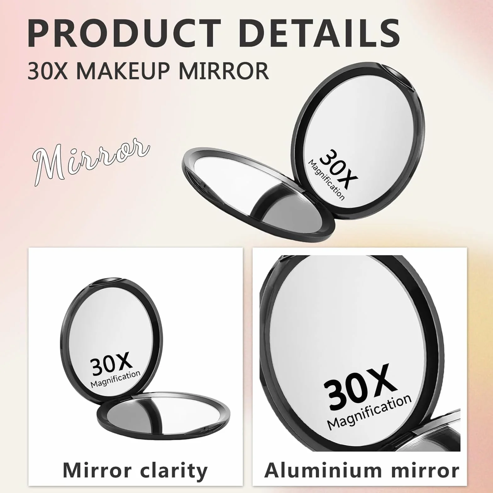 Espejo de Bolsillo Compacto con Aumento 1X/30X, Ideal para Viajar, Espejo de Maquillaje (Negro)