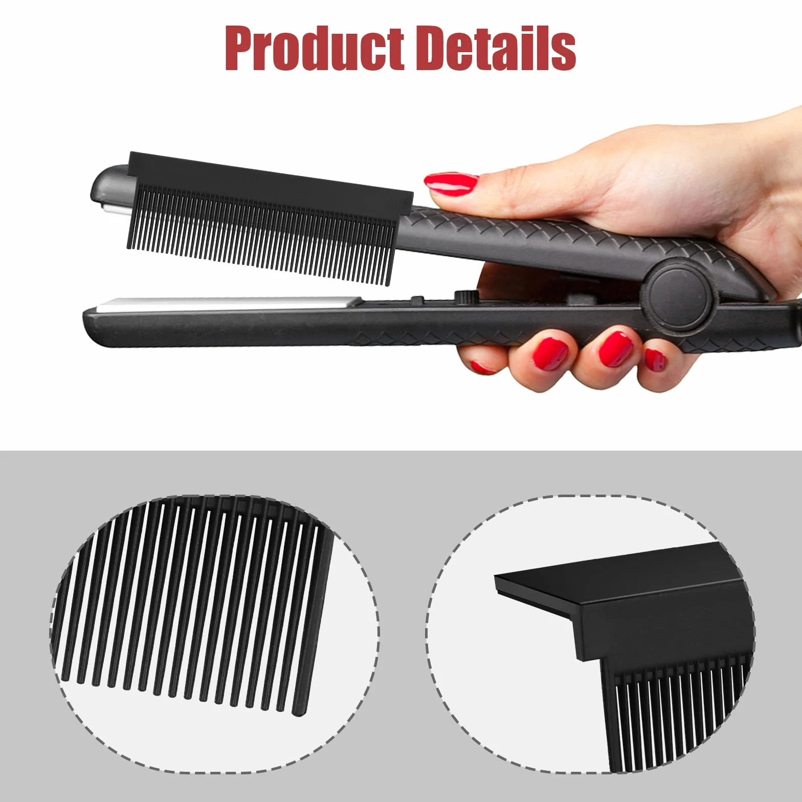2 Piezas Accesorio Peine de Hierro Plano con Clip Resistente al Calor para Alisador de Cabello (Negro, Rojo)