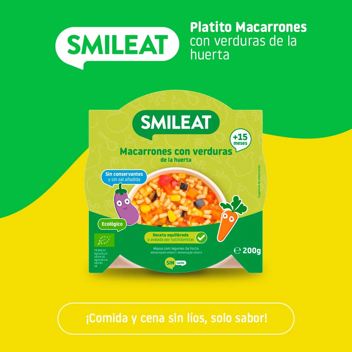 Smileat Platito de Macarrones con Verduras de la Huerta Ecológico 200g