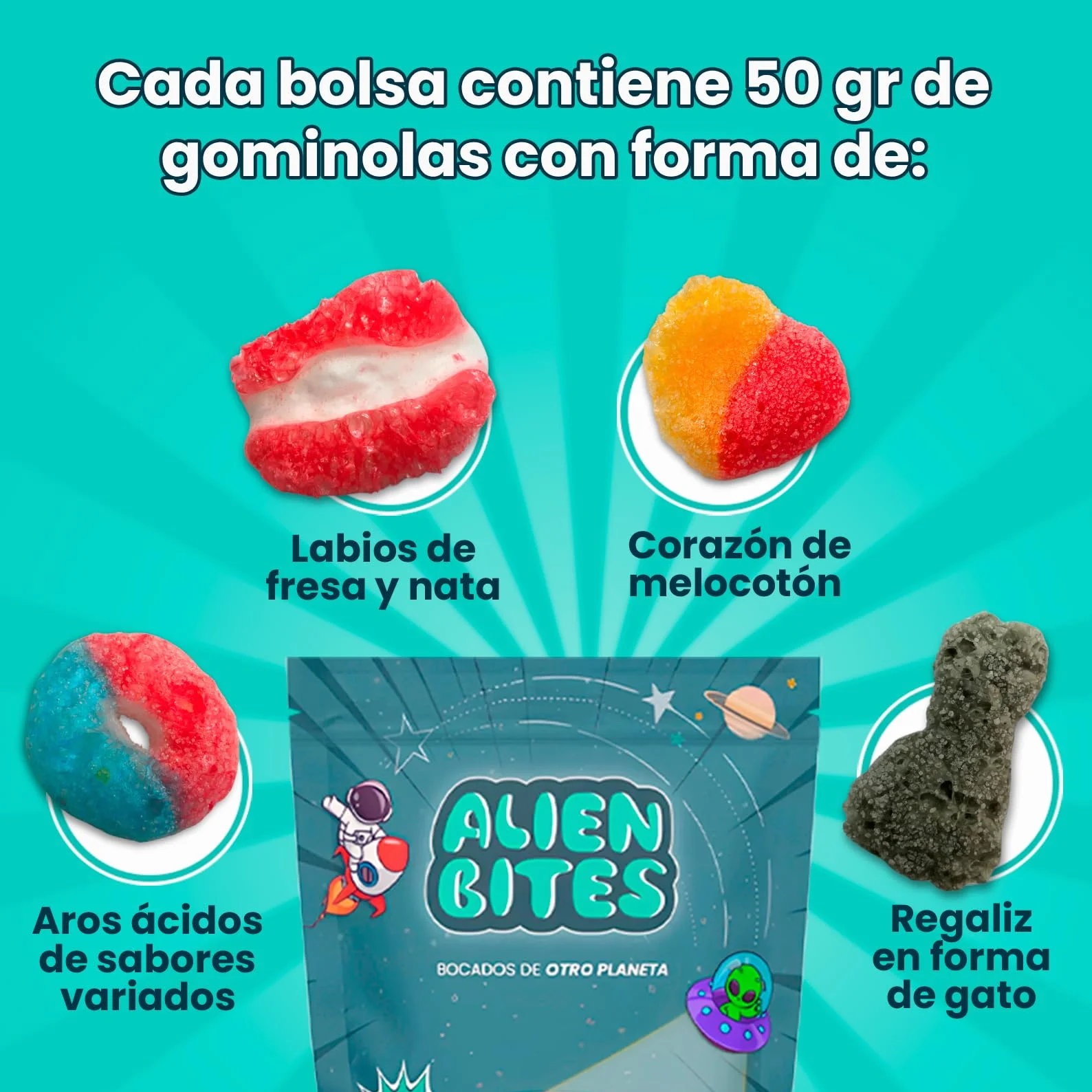 Alien Bites Pack de 4 Bolsas de 50g Chuches Liofilizadas Gominolas Freeze Dried Sin gluten