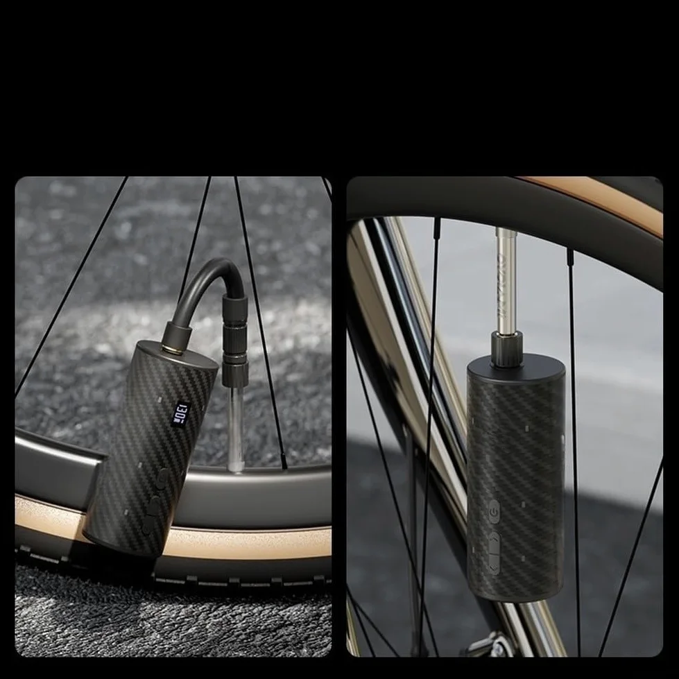 AM9PRO - Bomba eléctrica para bicicleta, para mini bomba de aire con pantalla LED, alta presión de 130 PSI, luz trasera, para válvula Presta, diseño compacto de fibra de carbono
