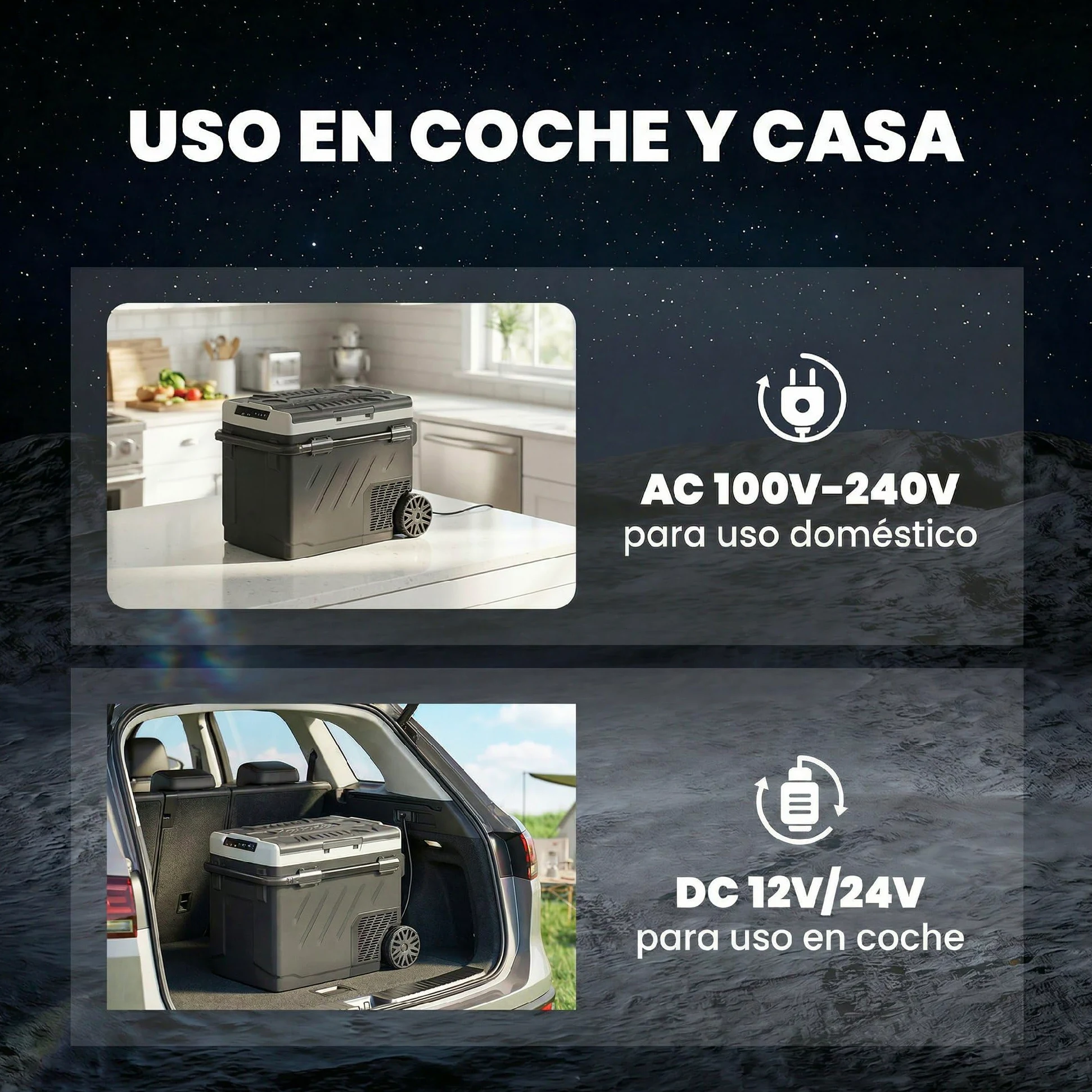 Outsunny Nevera Portátil Eléctrica 49L 12/24/240V Refrigerador de Coche con Compresor Doble Zona Control por App Luz LED Pantalla Modos ECO y MAX de -20℃ a +20 ℃ Asa Telescópica Ruedas y Puerto USB