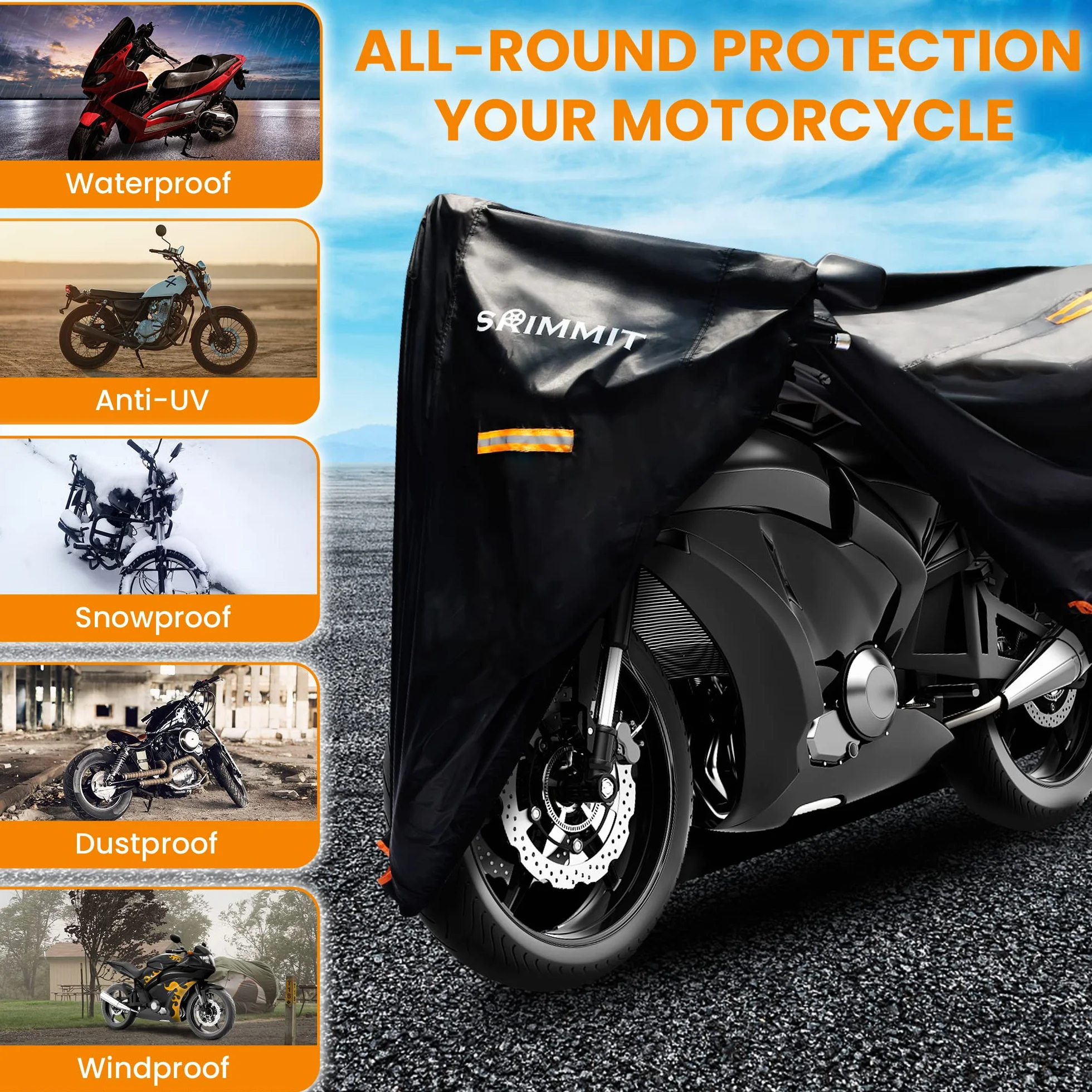 Funda para Moto, Cubierta de Motocicleta Premium 420D, Robusta y Duradera, Protección Exterior Optima, Visible Matrícula, 4 Bandas Reflectantes Brillantes, Agujero de Bloqueo Seguro - M:200x90x110 cm
