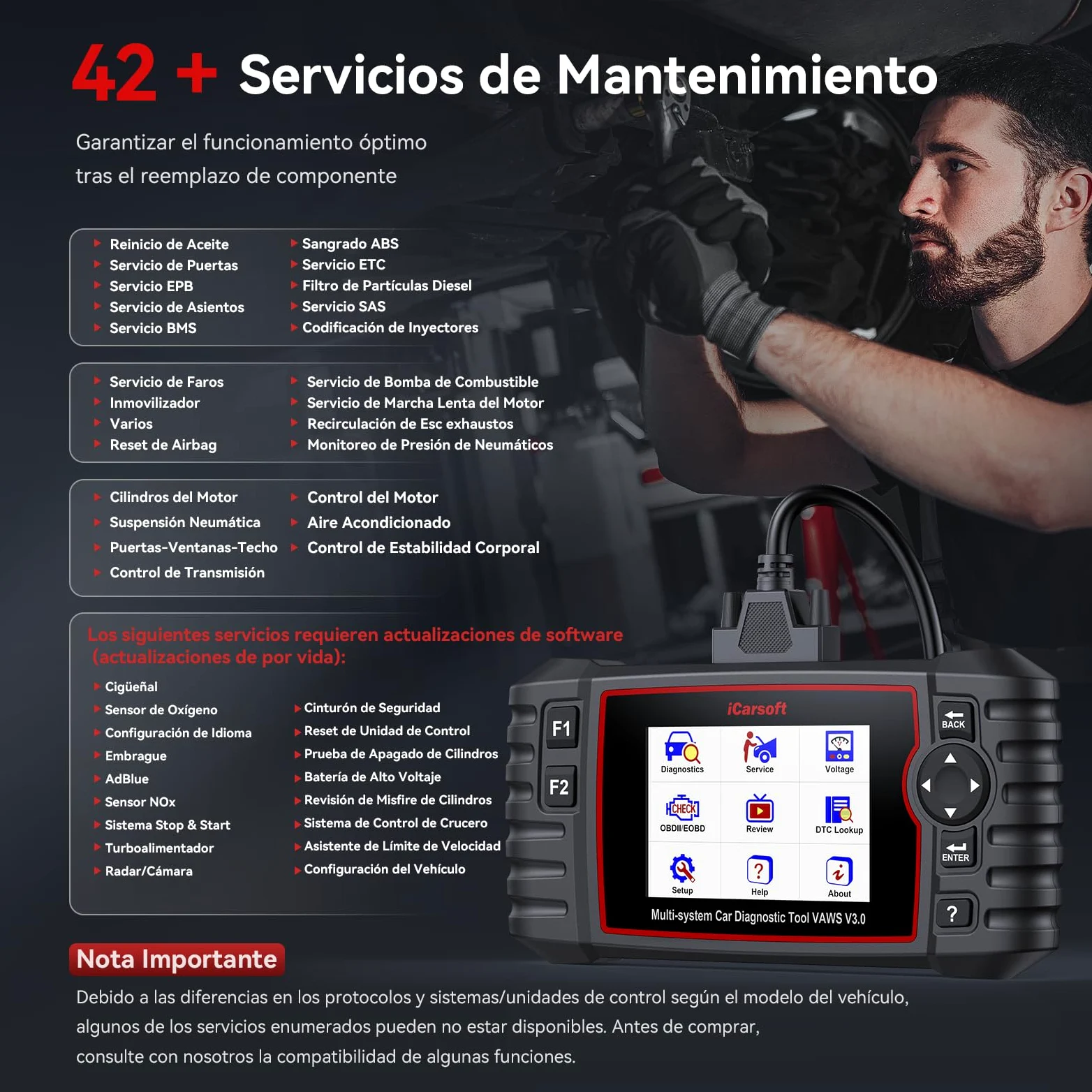 iCarsoft VAWS V3.0 OBD2 Máquina Diagnosis Coche para V.W/AU.DI/Skoda/Seat, Bidireccional Escáner de Todo el Sistema, 42 Funciones Reinicio, Prueba de Batería, Auto Vin, Actualizaciones de por Vida