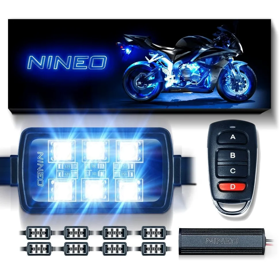 NINEO Kit de 8 luces LED RGB para motocicleta, luces subterráneas multicolor con función de memoria y luz de freno roja, apto para Street Glide, Road Glide, Sportster, Dyna, Softail, Iron, Touring