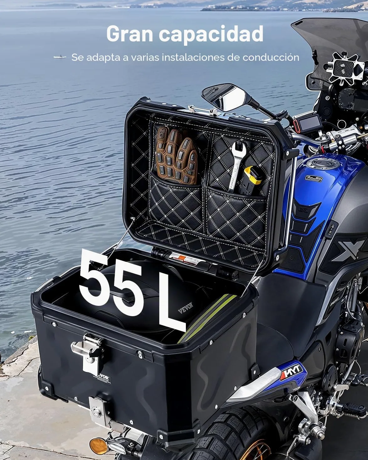 VEVOR Baúl para Motocicleta, Baúl Trasero Universal de Aleación de Aluminio con Forro de Cuero, 55 L, con Cerradura y Cojín Trasero, Apto para el 99% de los Cuadros de Motocicleta, 470 x 430 x 367 mm