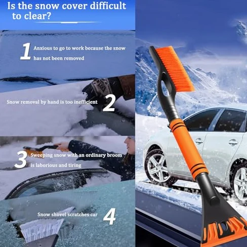 Cepillo de nieve y raspador de hielo para coche, diseño extensible de 60 cm desmontable con agarre de espuma, varilla de aleación de aluminio, incluye guantes y toallas para coches, camiones, SUV