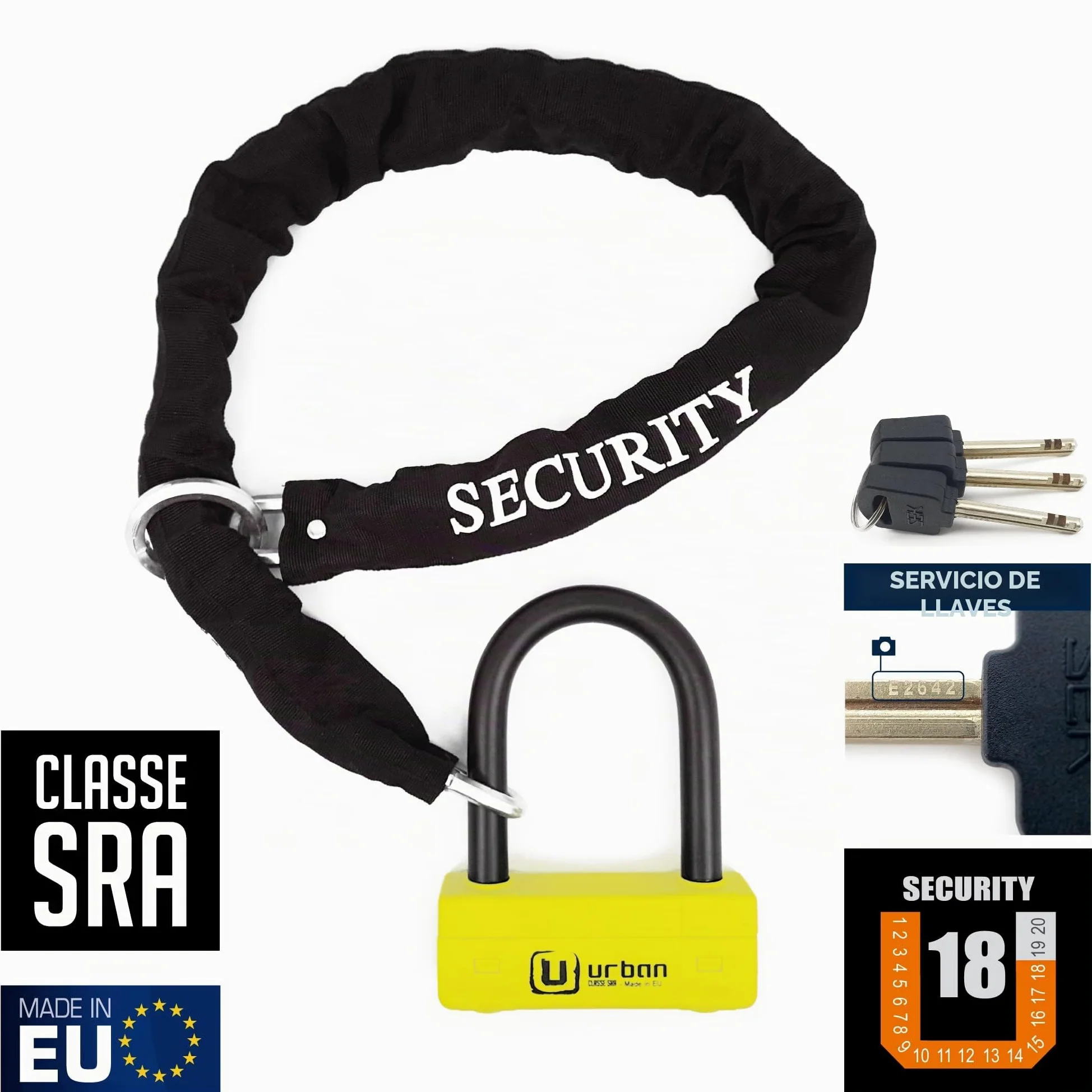 URBAN UR85120Y+10.120L Candado Moto U Homologado SRA + Cadena Acero Endurecido 120cm Más Largo con Sistema Lazo, Horquilla Acero Endurecido ø18mm, Máxima Seguridad Antirrobo Universal para Motocicleta