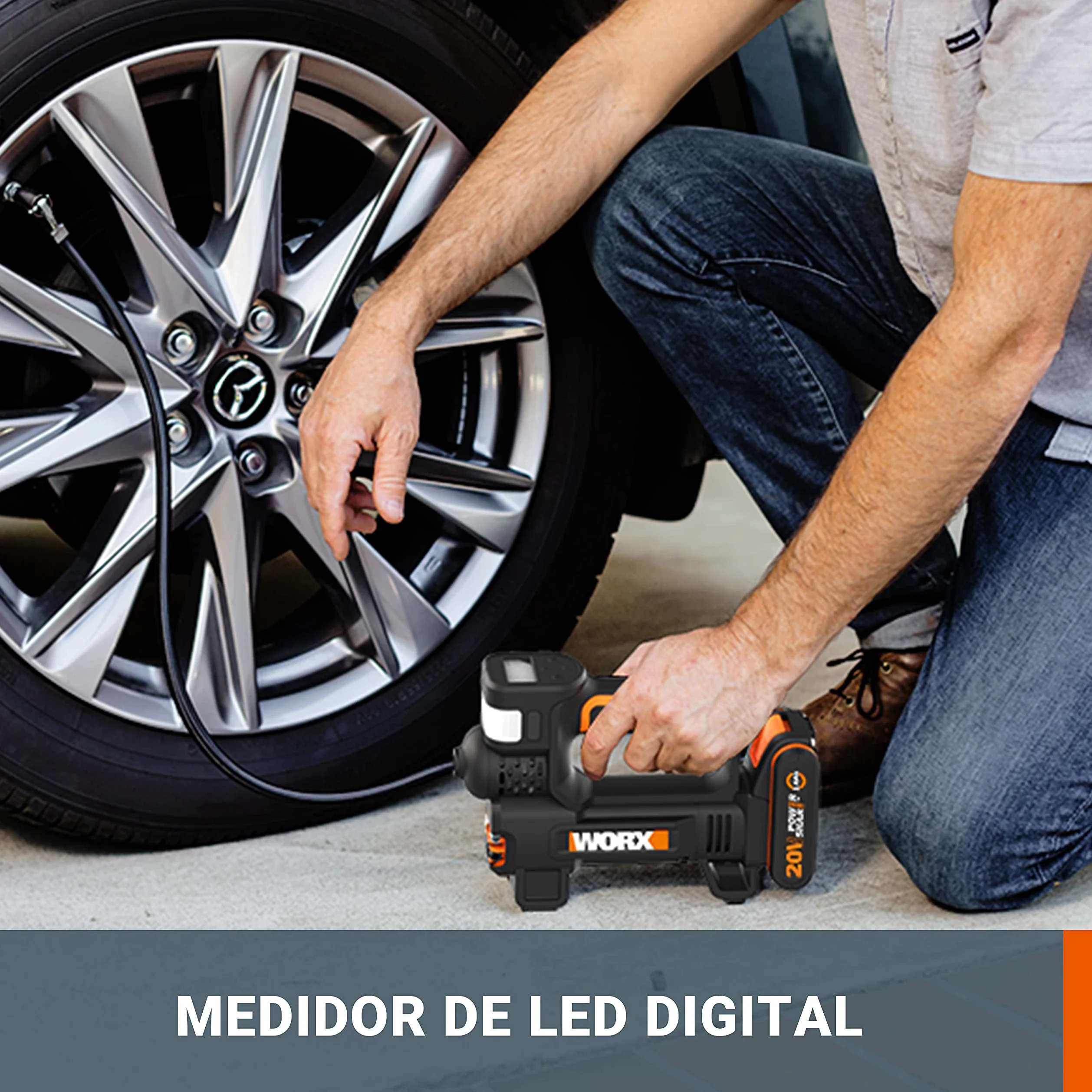 WORX 18V(20V MAX) Inflador sin Cable, Powershare, Potente Luz Led y Luz de Emergencia SOS, Alta Presión Máx. 150 PSI, 1 Batería incluida, WX092