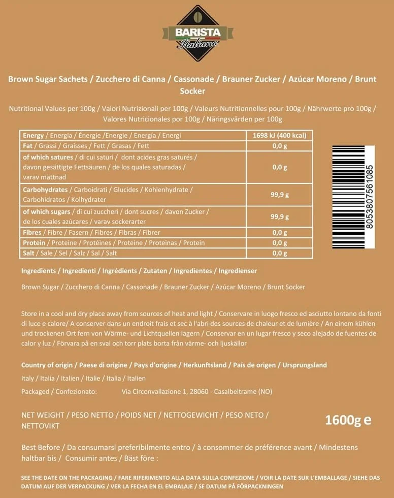 Barista Italiano Azúcar Moreno 400 Sobres 4g Café