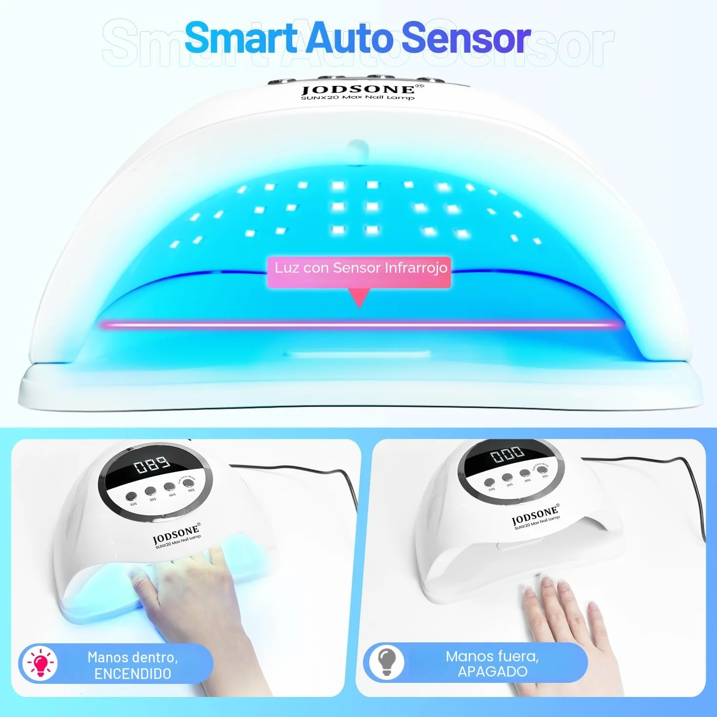 JODSONE Lámpara de uñas UV LED 320W 72 luces duales, 4 temporizadores 10/30/60/99s