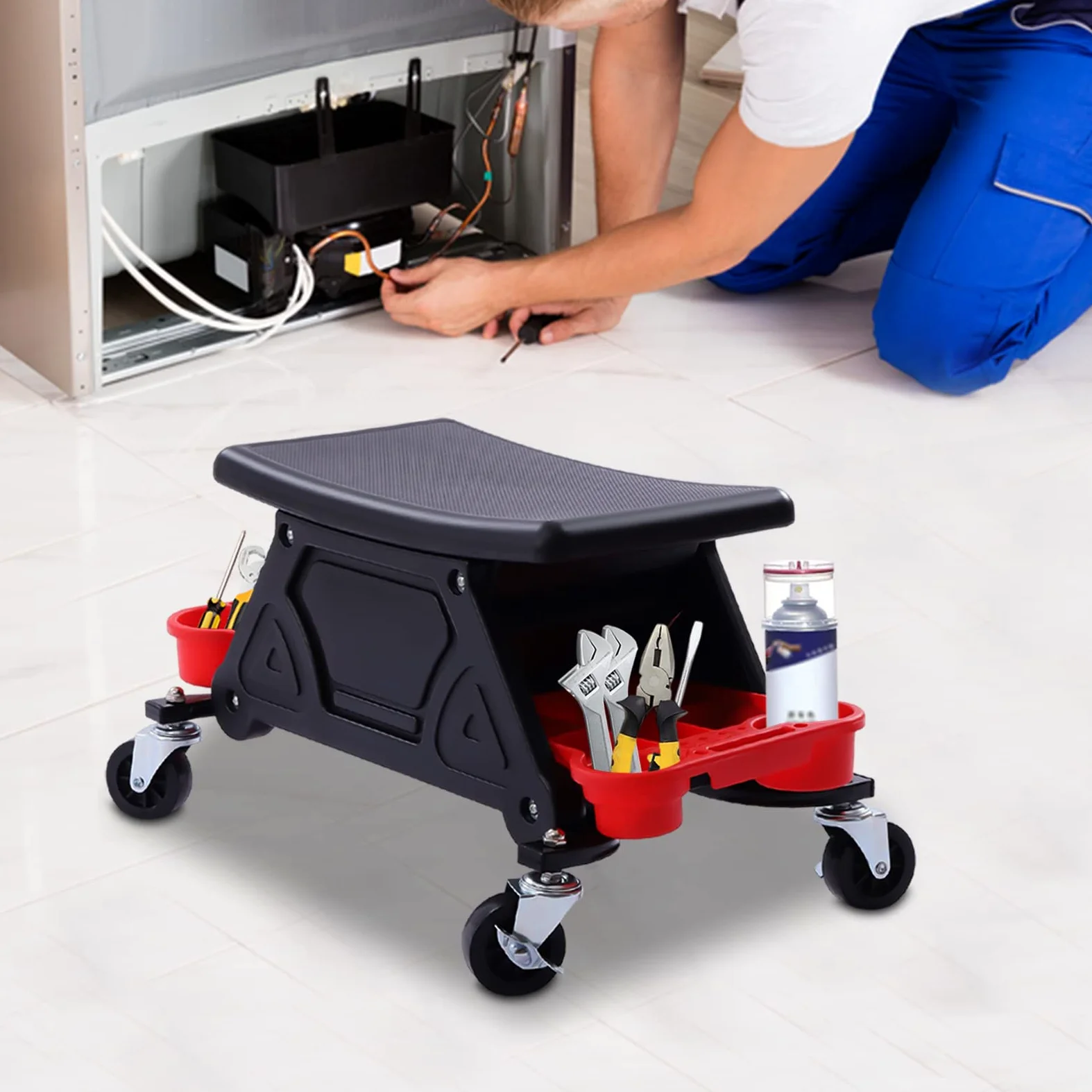 Taburete de taller con ruedas, taburete de trabajo, silla de taller, con dos compartimentos de almacenamiento, asiento de taller para trabajos de bricolaje y reparaciones mecánicas, capacidad de carga