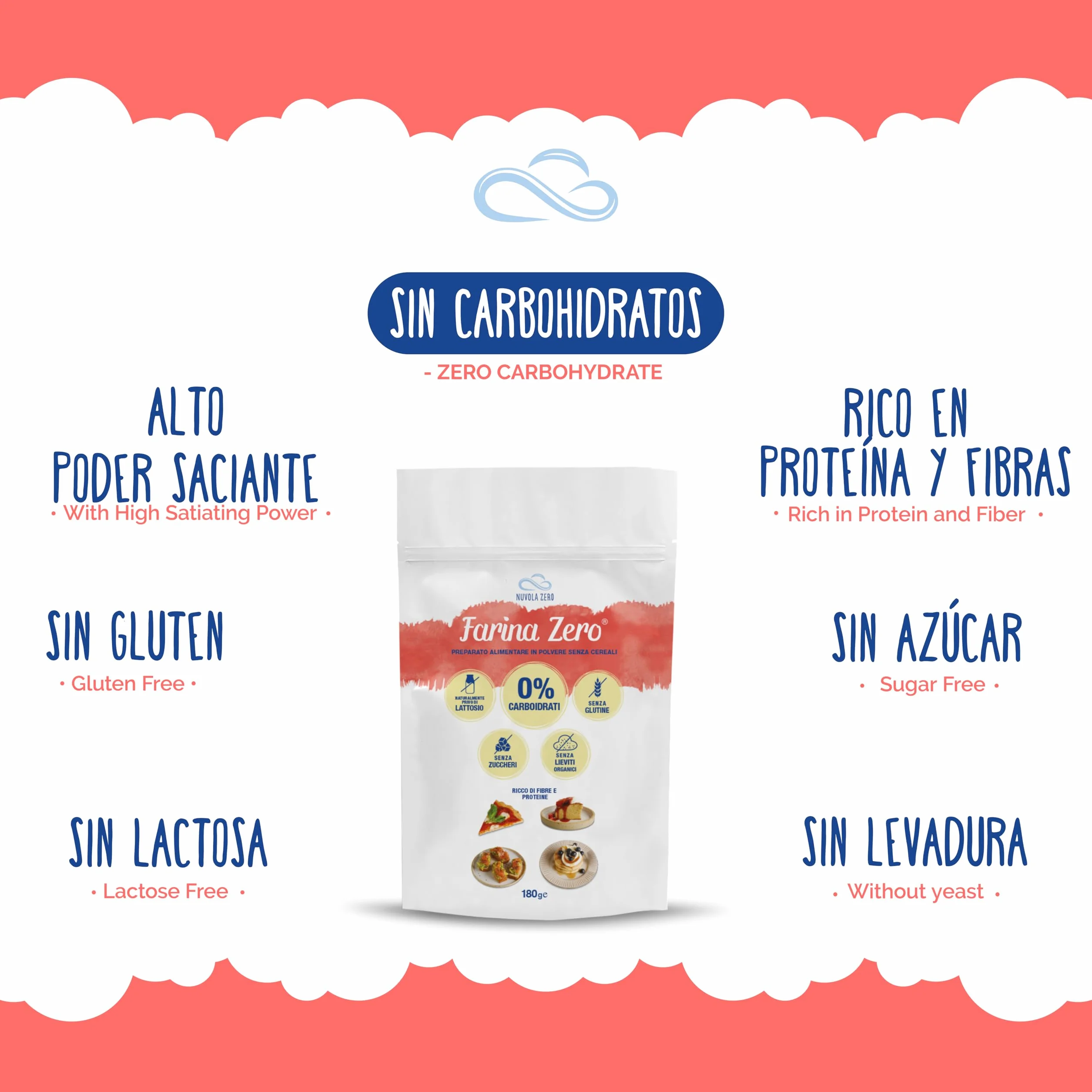 Nuvola Zero Farina Zero Sin Gluten 180g Paquete 3 Piezas para Pasta Pizzas Pasteles Pan