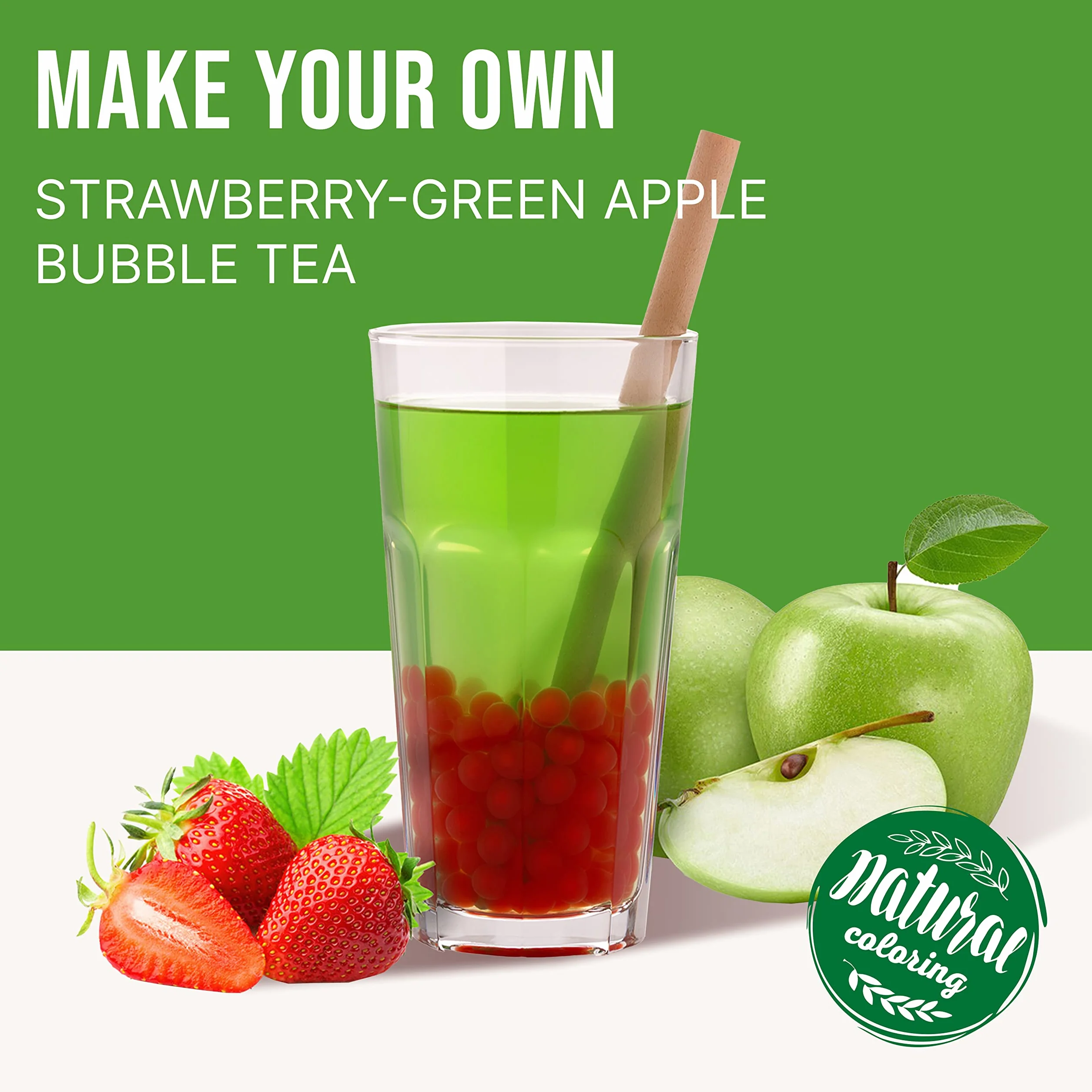 INSPIRE FOOD Bubble Tea Pearls Set - Strawberry Popping Boba 450g, Green Apple Syrup 300ml, 2 Straws