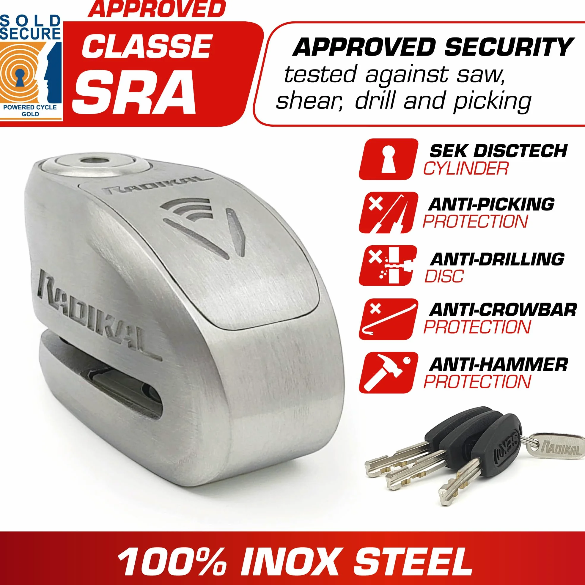 RADIKAL RK910S Candado Moto Disco Alarma X2-ON, Homologado Sra, Cerradura Alta Seguridad Antitaladro y Antiganzúa, Doble Cierre 10mm, Pila Larga Duración, Acero Inoxidable, Pinza Antirrobo Scooter