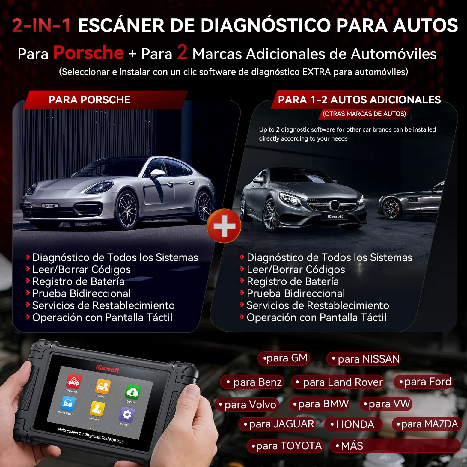 iCarsoft por V4.0 Herramienta de Diagnóstico para Porsche +2 Marcas de Vehículos Extra, Escáner OBD2 con Prueba Bidireccional/26 Servicios (177 Subservicios) +66 Servicios Extra, Registro de Batería