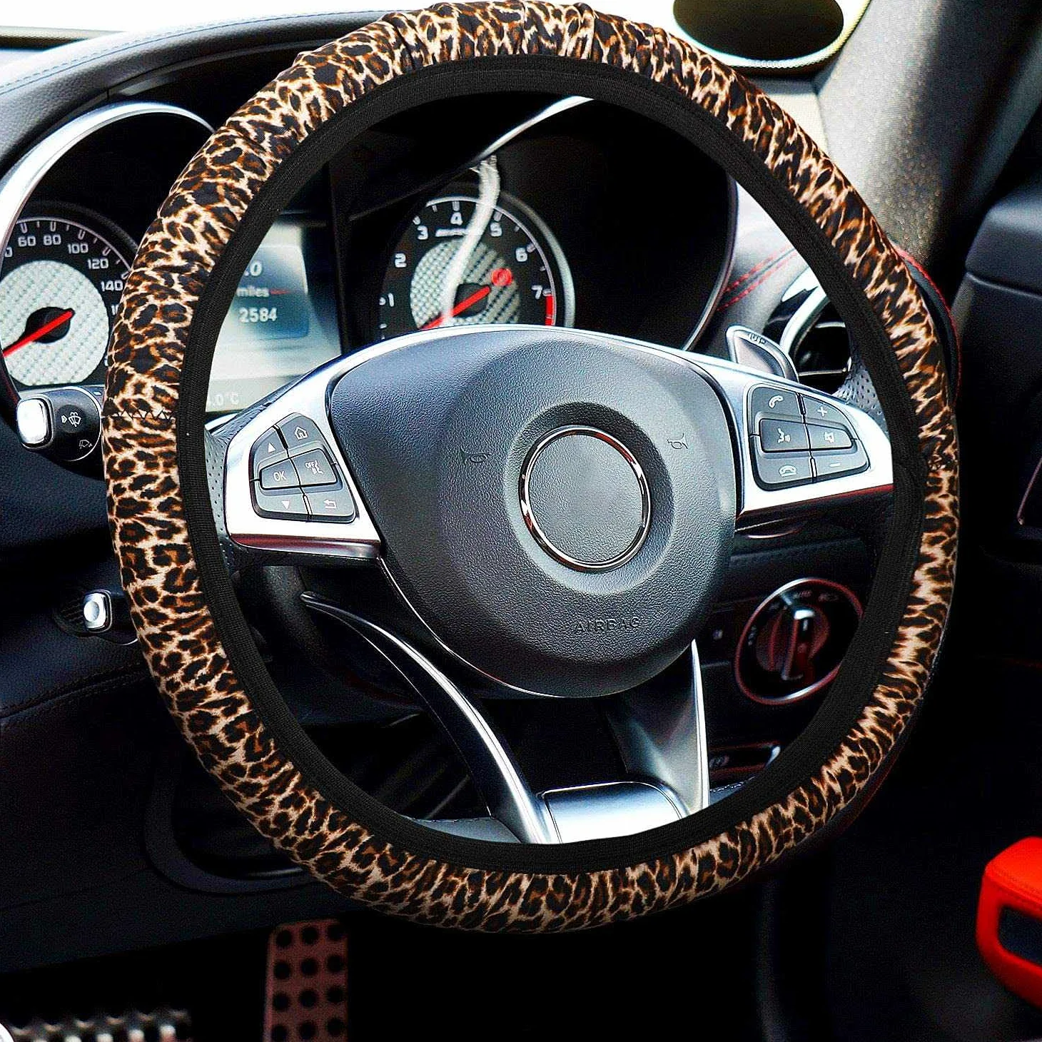 Juego de 15 fundas de asiento con estampado de leopardo, para volante, almohadilla de seguridad, posavasos, reposabrazos acolchado y
