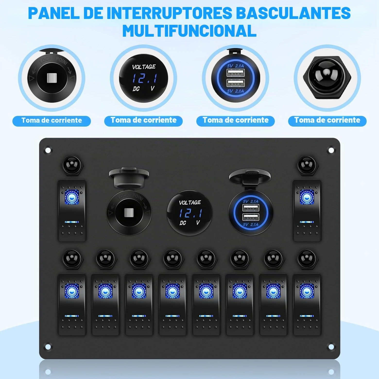Geloo Panel de Interruptores 10Gang Impermeable Interruptor de Palanca 12V | con Interruptor Basculante, Disyuntor, Voltímetro, Toma de Encendedor, Cargador USB Doble para Barco Camper Coches Caravana