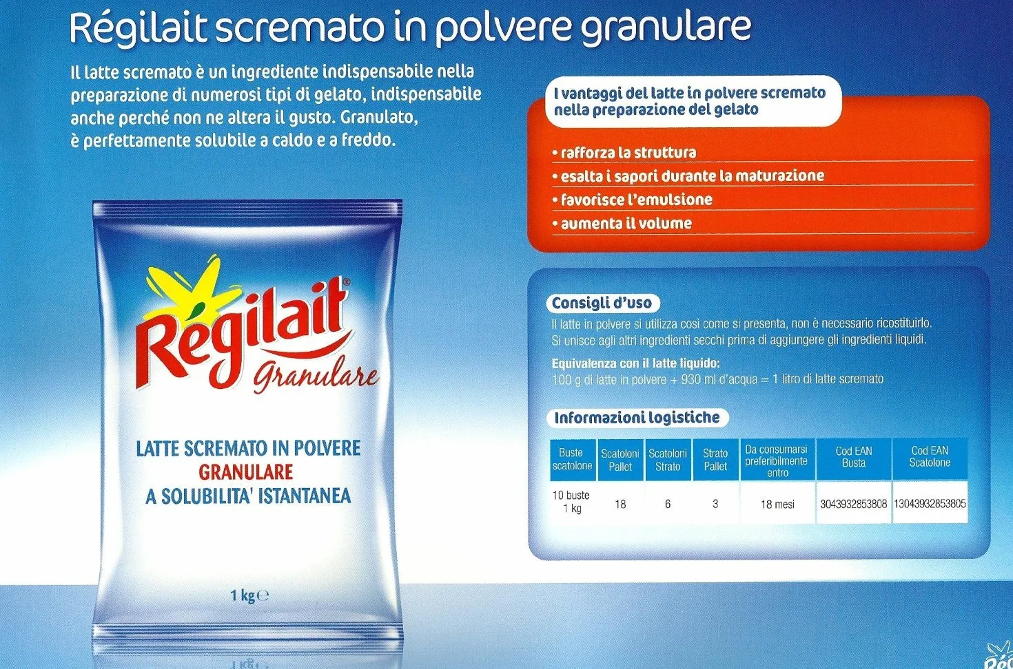 REGILAIT Leche en Polvo Desnatada Granulado Instantánea KG 3 para Máquinas Expendedoras