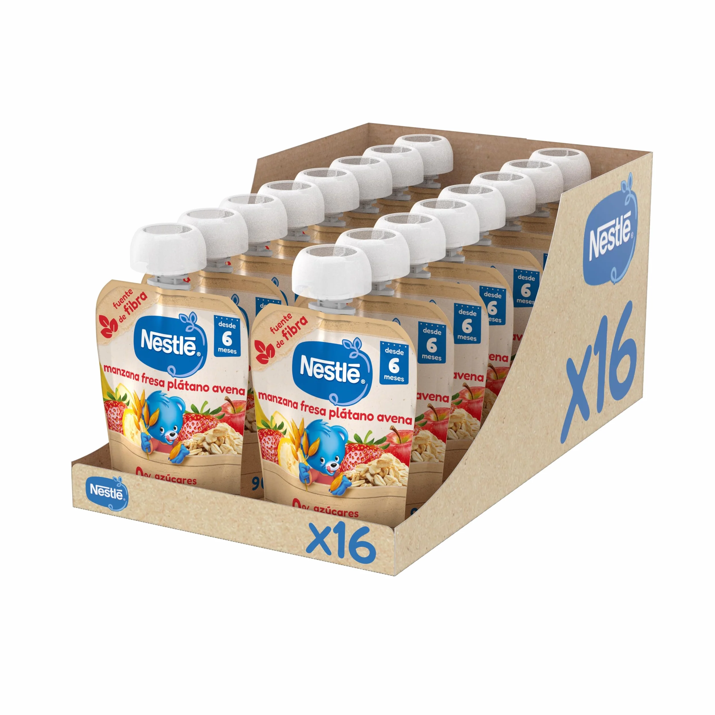 NESTLÉ Puré Manzana Fresa Plátano y Avena para bebés 16x90g