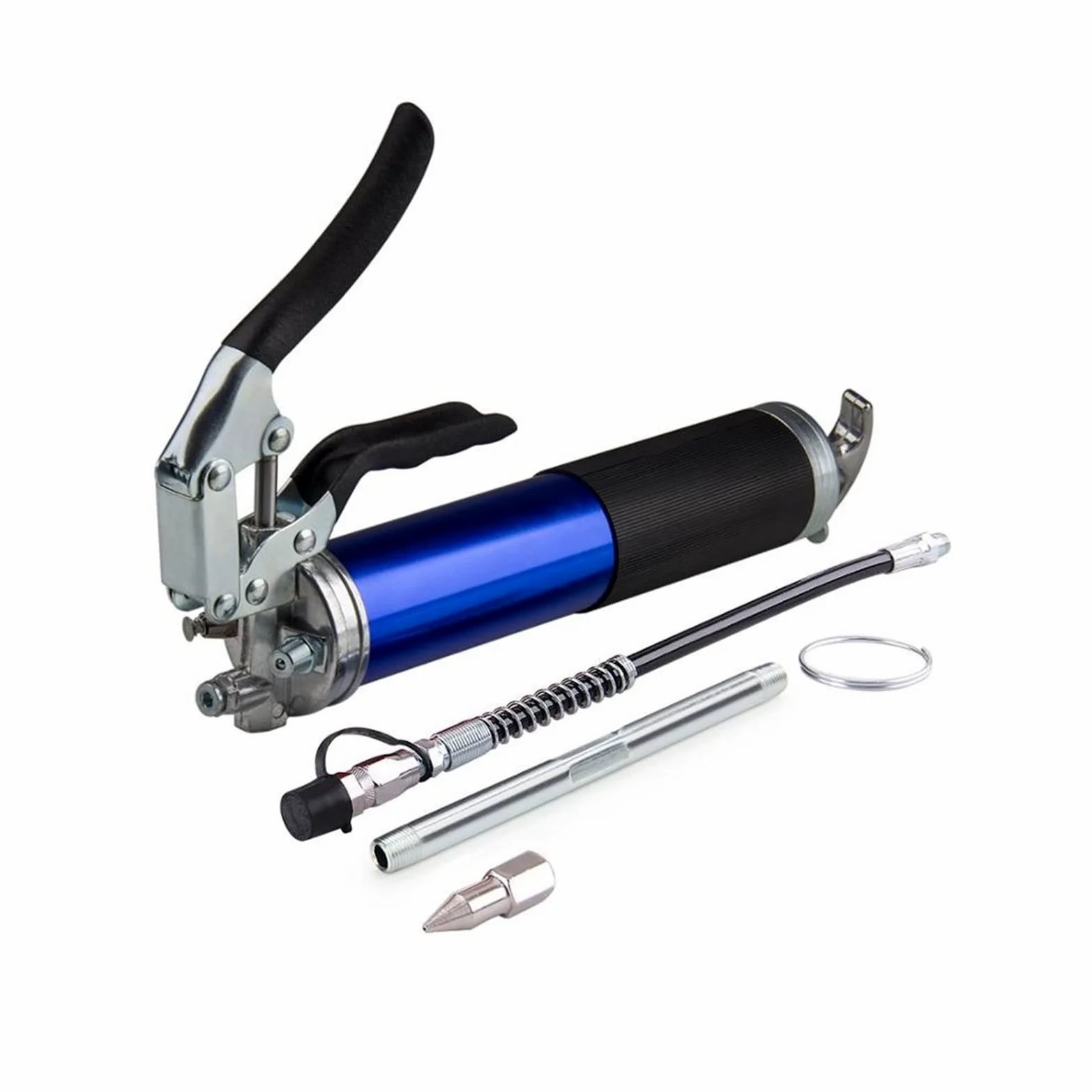 Boquilla engrasadora Boquilla Bomba de Engrase Duty 6000PSI Pistola engrasadora Empuñadura de Pistola 400cc 14oz Lubricación W/12quot; Manguera Flexible y 5-1/2" Extensión Metálica(Blue)
