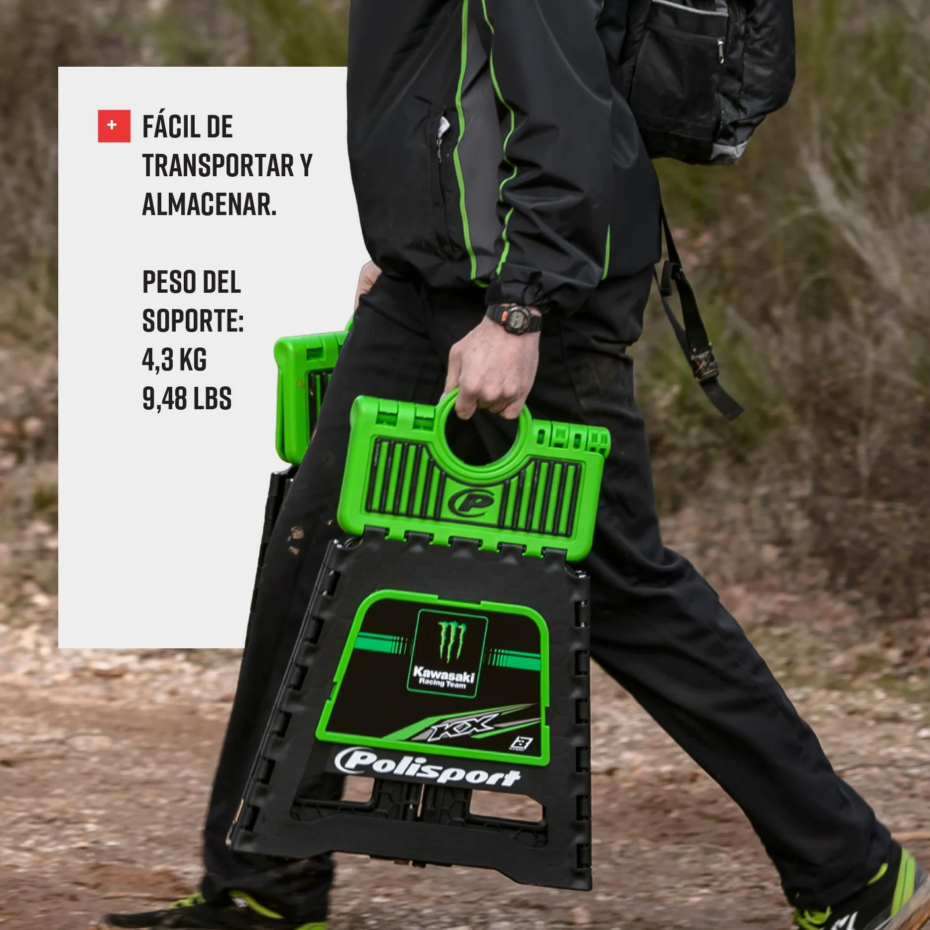 Polisport Off Road 8981500005 Caballete Plegable para Moto – Ligero, Motocross, Caballete Moto, Off-Road, Compacto, Portátil, 250 Kg, Podio Oficial FIM, Caballete Moto, Verde