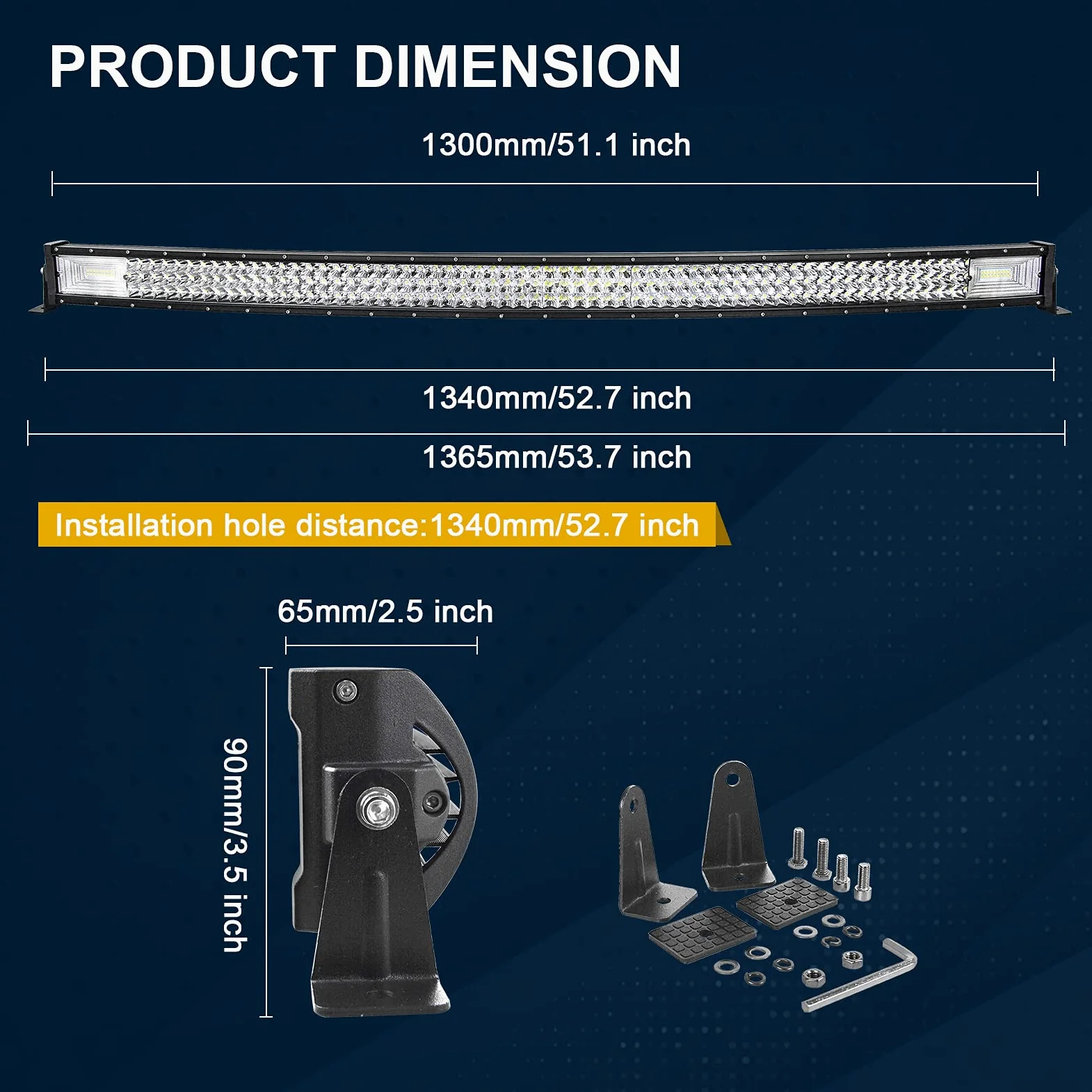PICAA Barra de luz LED, Curva 52" 130 cm 675W 7D 3 Filas Spot/Flood Combo | con mazo de cables estroboscópico,IP67,Barra LED auxiliar, para coche SUV 4x4 todoterreno camión tractor ATV UTV Moto Barco