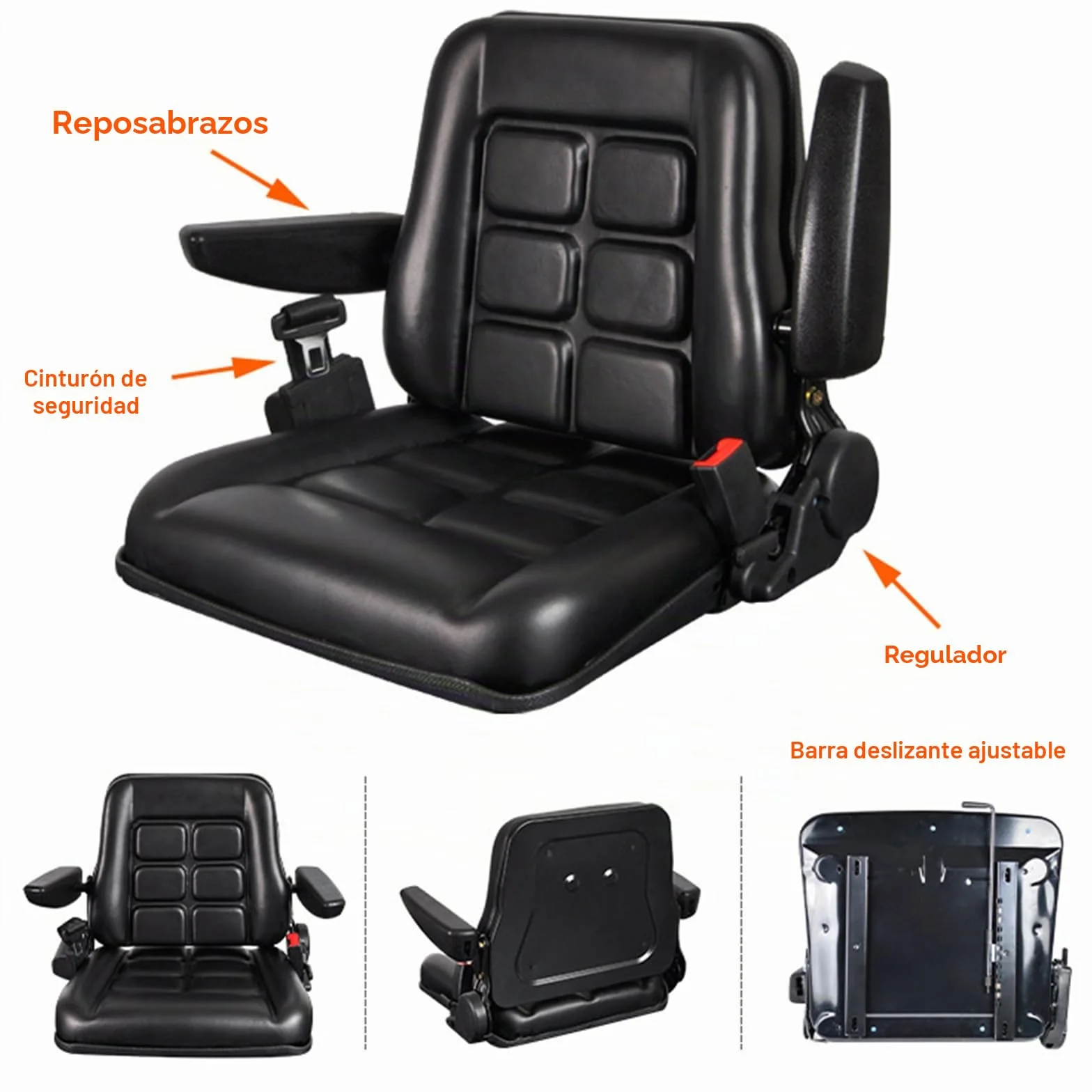 Asiento universal ajustable para carretilla elevadora con cinturón de seguridad y reposabrazos, respaldo y riel deslizante, asiento impermeable de PVC, para tractor