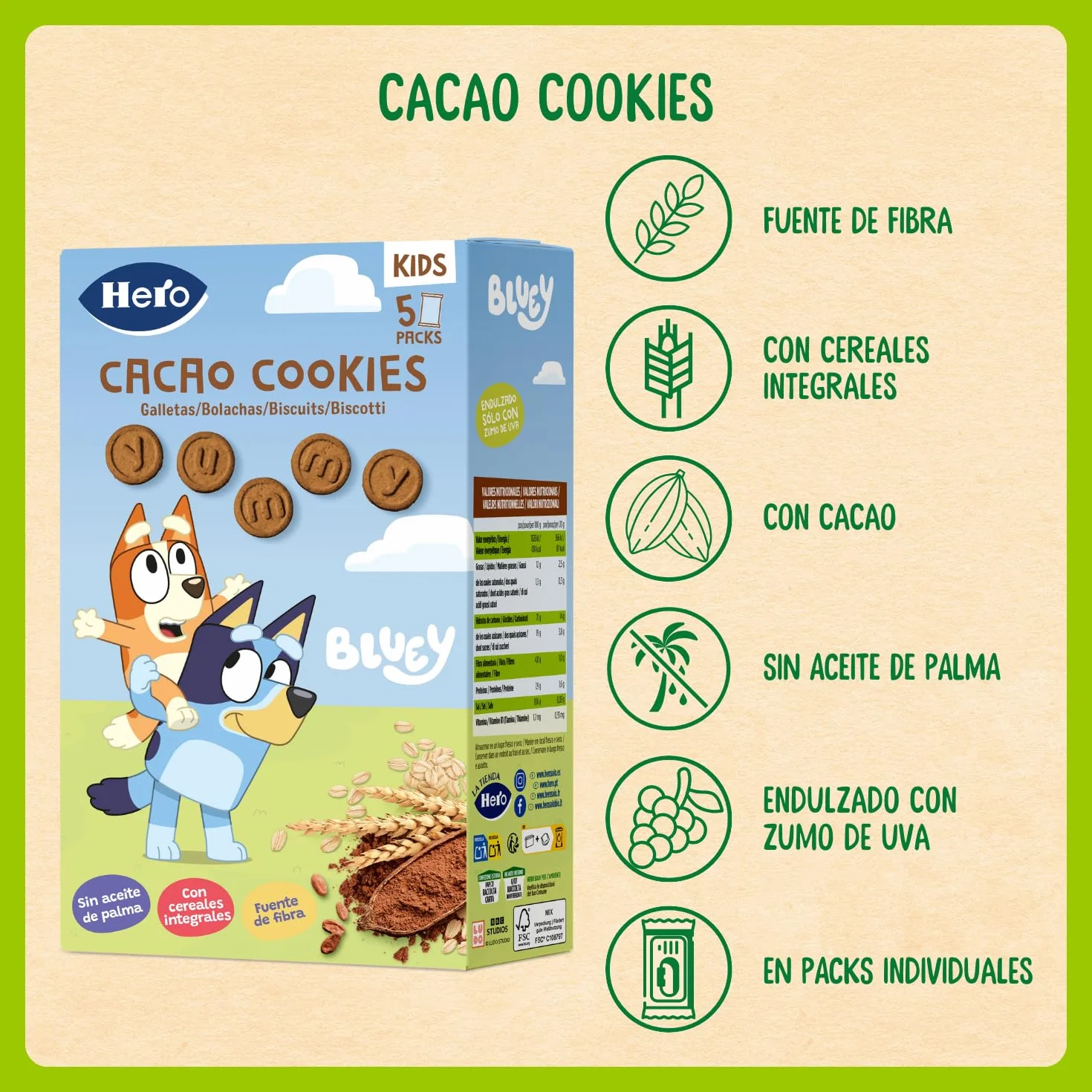 Hero Solo Galletas Infantiles de Cacao Bluey Snack Cereales Integrales Zumo de Uva Fibra 100g x 6uds