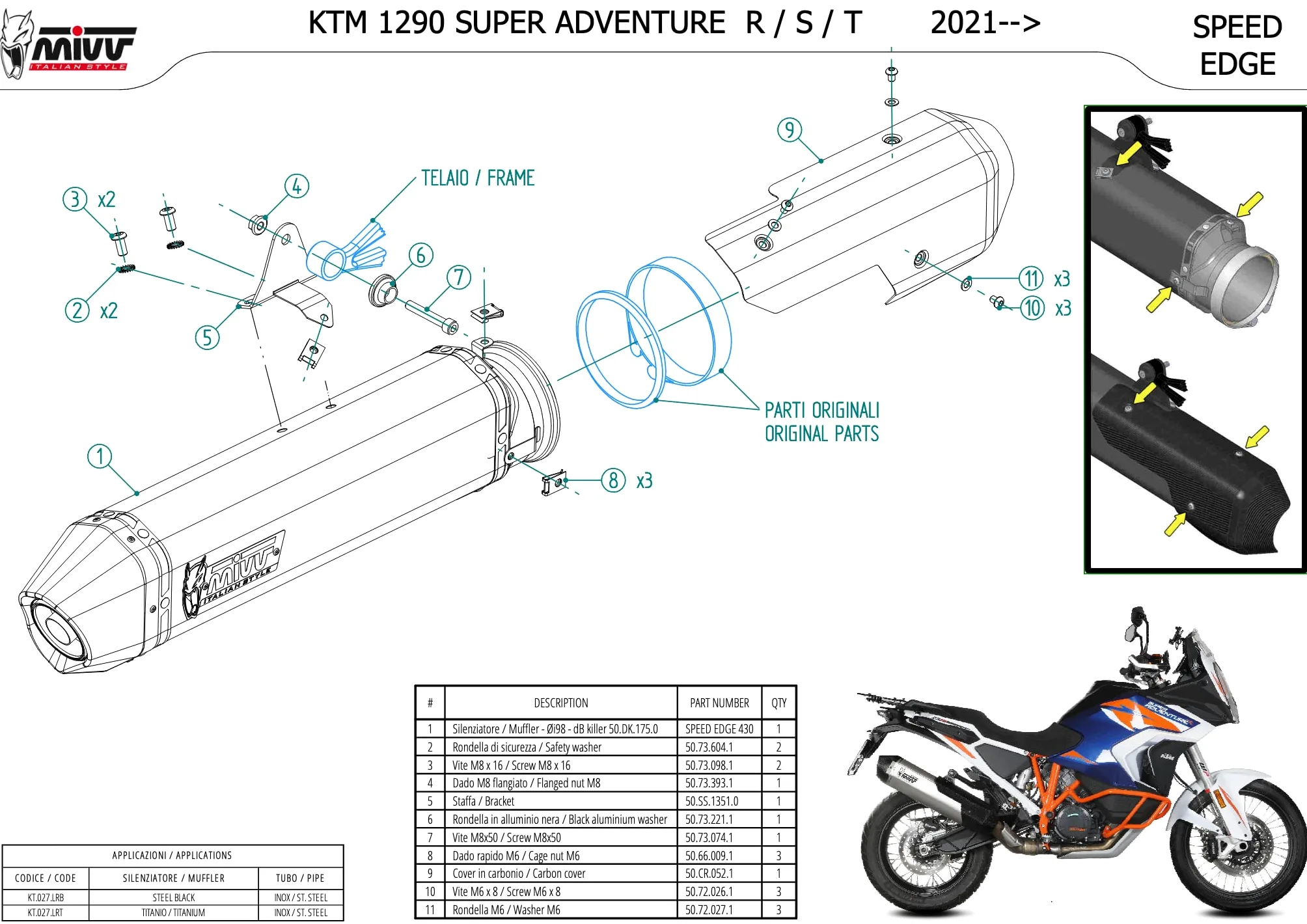 mivv tubo de escape homologado cat-oem speed edge titano copa carbono compatible con ktm 1290 super adventure r s t 2021 2022 mototopgun