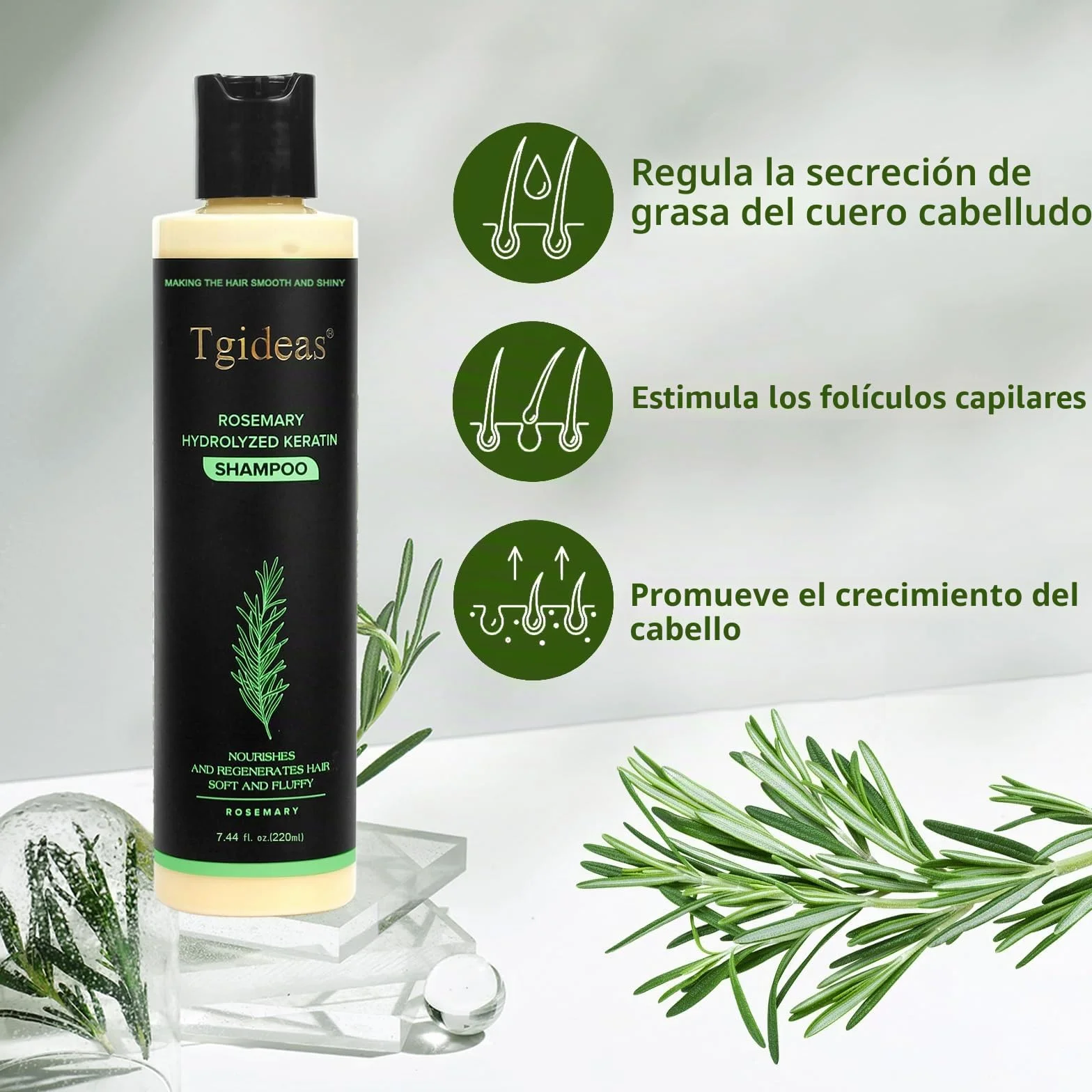 Champú orgánico de romero para crecimiento y fortalecimiento del cabello con queratina hidrolizada 7,4 ml