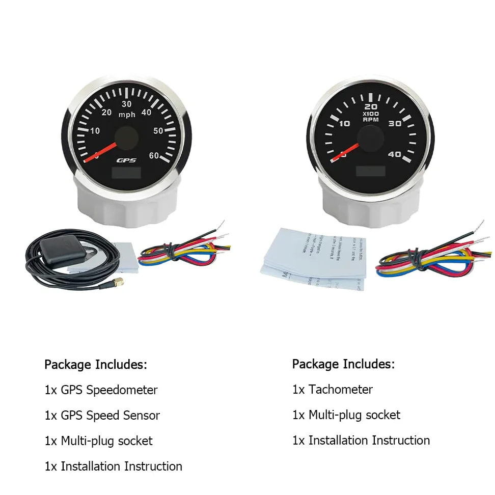 ELING Velocímetro GPS de 52 mm 0 – 60 MPH con 4000 rpm tacómetro velocímetro con contador de horas de funcionamiento retroiluminado 12 V 24 V para excavadora de barcos