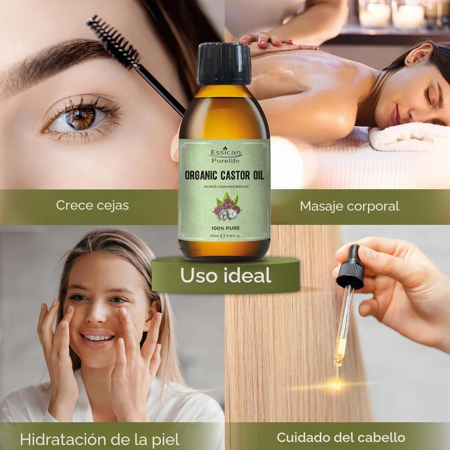 Aceite de Ricino Orgánico Sin Hexano 100ml Botella de Vidrio para Piel y Cabello