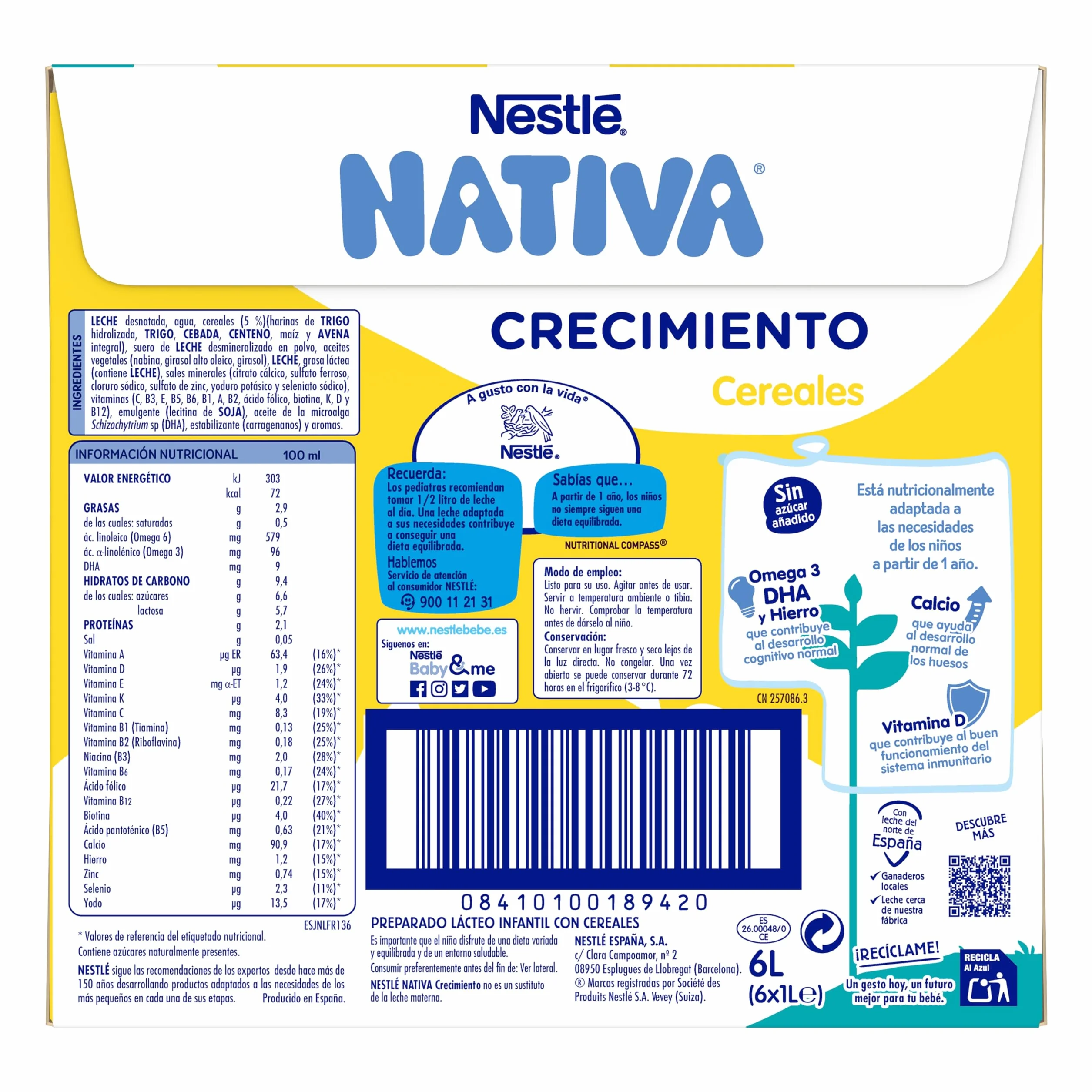 NESTLÉ NATIVA Leche de crecimiento líquida con Cereales sin azúcar añadido 1 año 6 bricks 1L