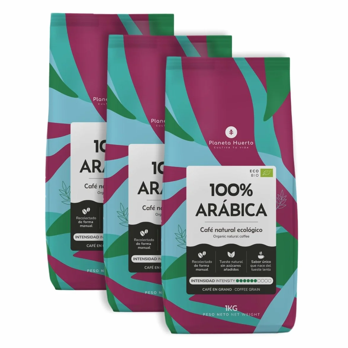 Café Grano Ecológico 100% Arábica 1 kg Pack 3x bio premium sabor suave y afrutado