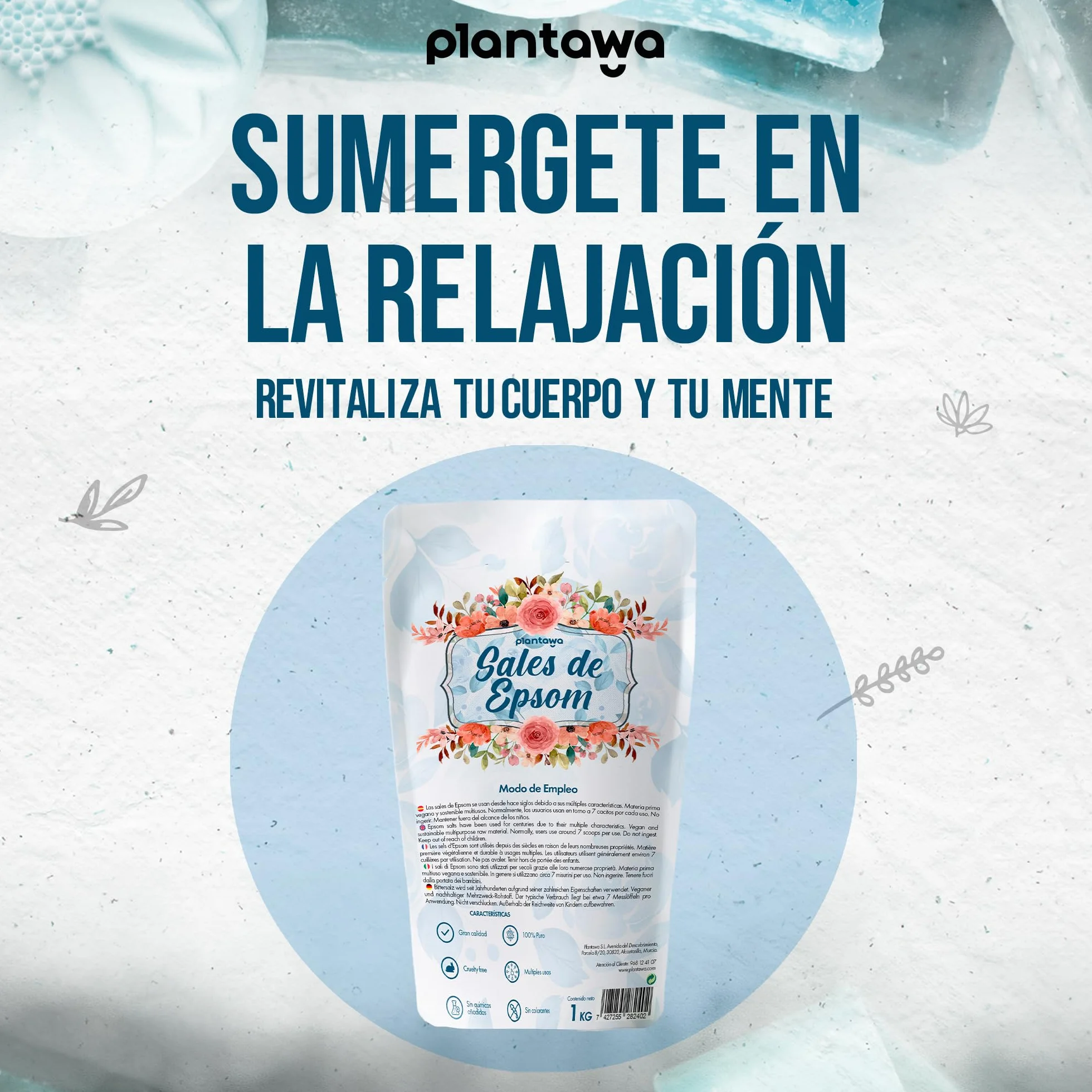Plantawa Sales de Epsom 1KG | Sal de Baño Concentrado de Magnesio Puro | 100% Naturales para Baño Relajante