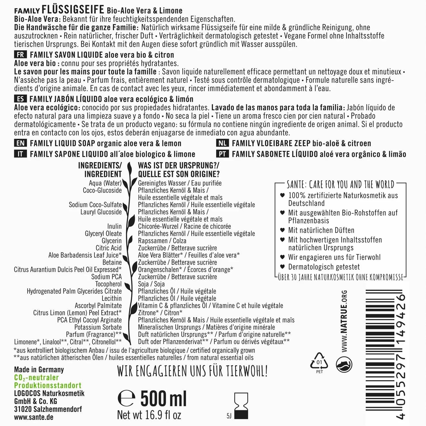 Sante Naturkosmetik Żel pod prysznic organiczny aloes cytryna dozownik 500 ml