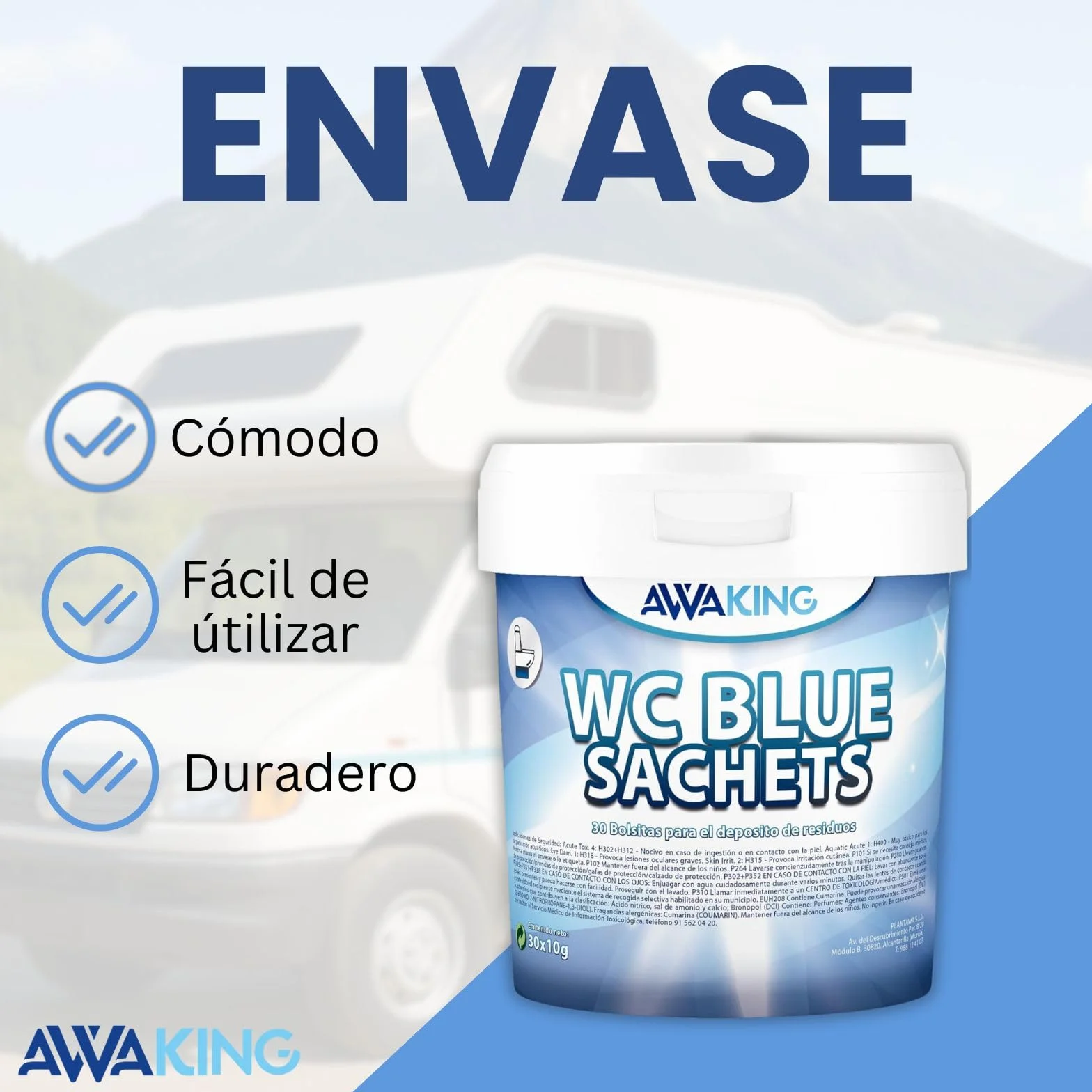 AWAKING Pastillas WC Quimico Autocaravana Blue Sachets 30ud | Limpia y Desodoriza. Fórmula Concentrada y Aroma Fresco Depósito Aguas Negras de Caravana, Limpieza profunda, Camper, Descompone Residuos.