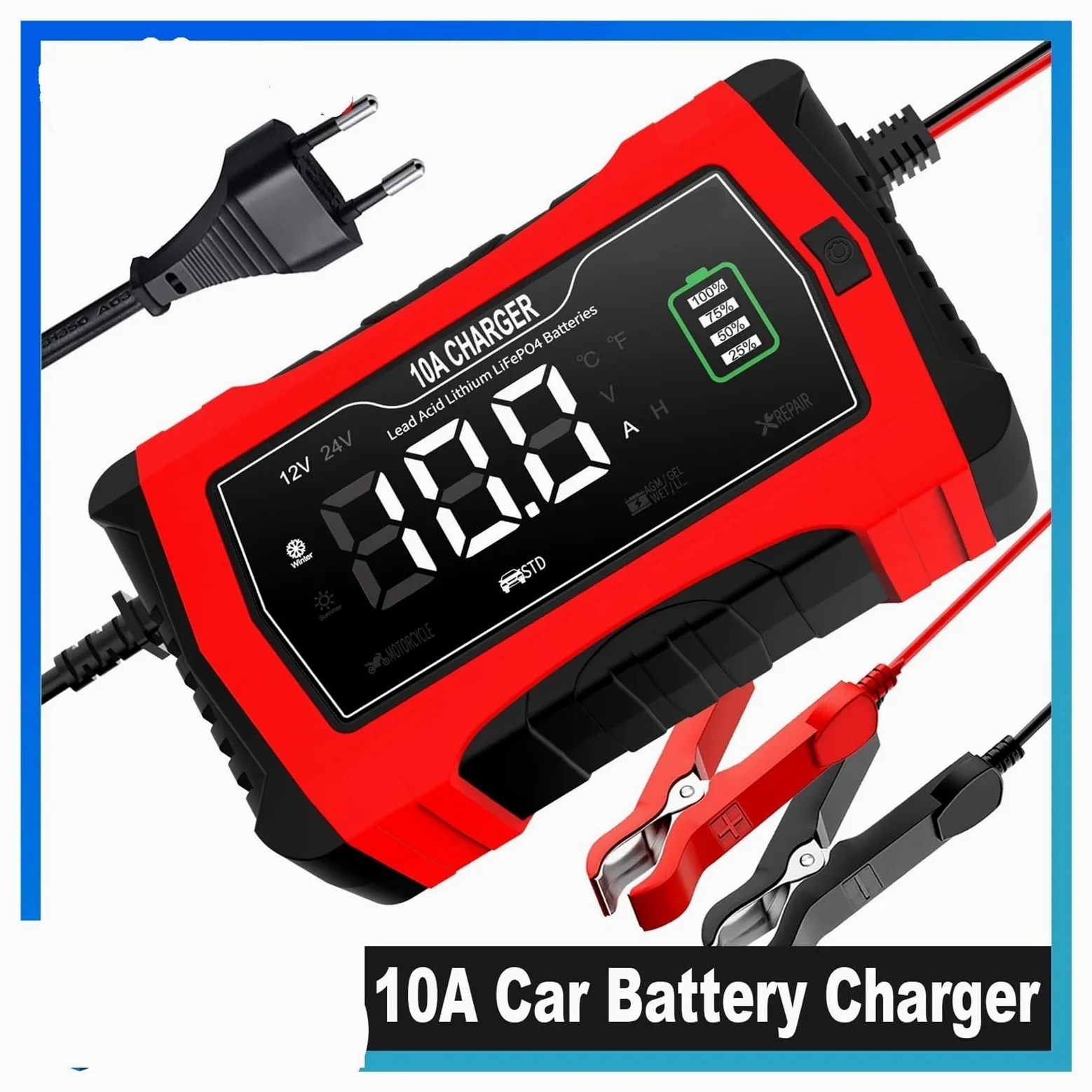 Cargador De Batería De Coche De Reparación Inteligente Universal De 12V 24V 10A, Cargador De Reparación For Batería De Plomo Ácido AGM GEL LiFePO4(10A UK Plug)