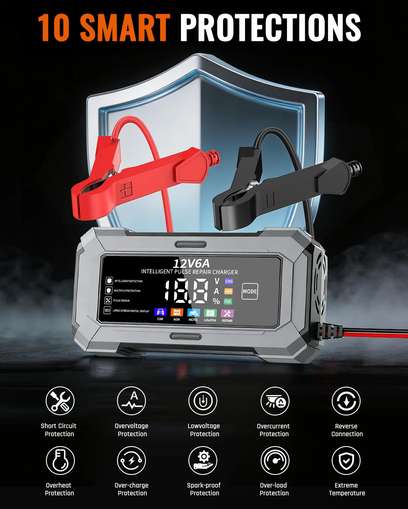 TANYO Cargador de Baterias de Coche, 12V Inteligente Cargador de Baterias Coche y Moto con Función de Reparación Automática y Pantalla LCD, 6A Cargador de Bateria para Auto, Moto, Camión, AGM, Gel