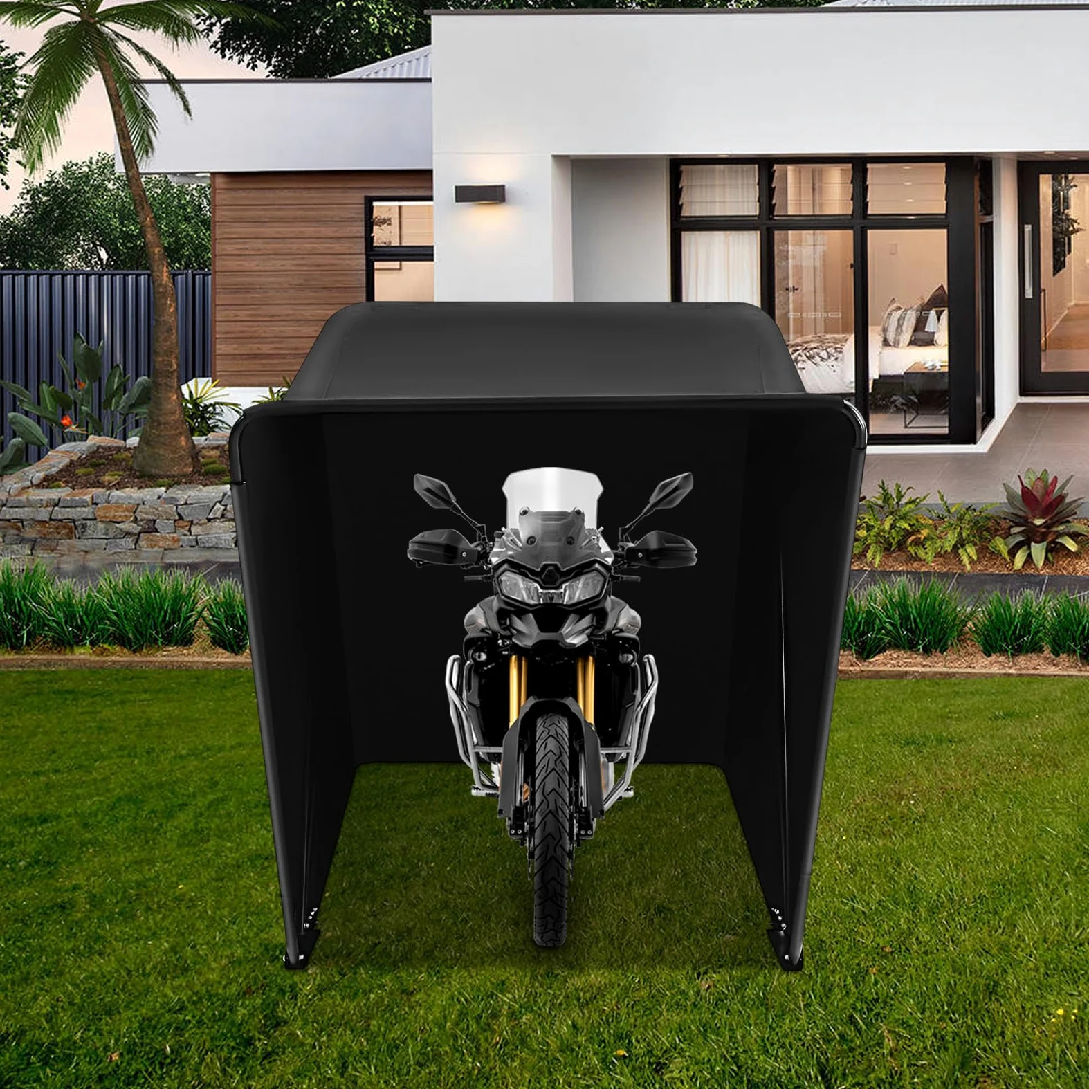 Tienda de campaña para moto, garaje, 270 x 105 x 155 cm, resistente al agua | Marco de acero resistente y tela Oxford, color negro, plegable, para motocicletas, scooters y bicicletas, montaje rápido