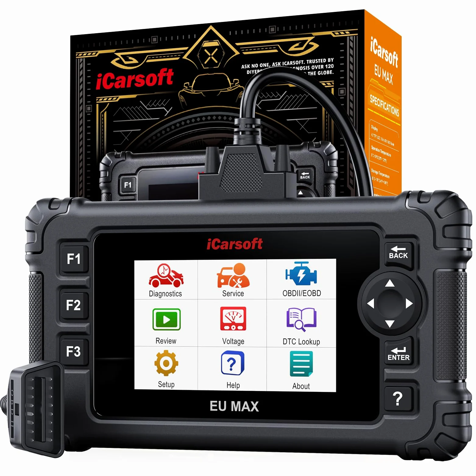iCarsoft EU MAX OBD2 Máquina Diagnosis Coche para Marcas Europeas, Bidireccional Escáner de Todo el Sistema, 48 Funciones Reinicio, Prueba de Batería, Vin Automático, Actualizaciones de por Vida